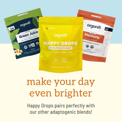 Organifi Happy Drops - Daily Superfood Happy Gummies for Adults - Mood Support Supplement for Balance, Bliss, Energy and Taking the Edge Off - Sweet Lemon Flavor - 60 Gummies - dailyvitalstore