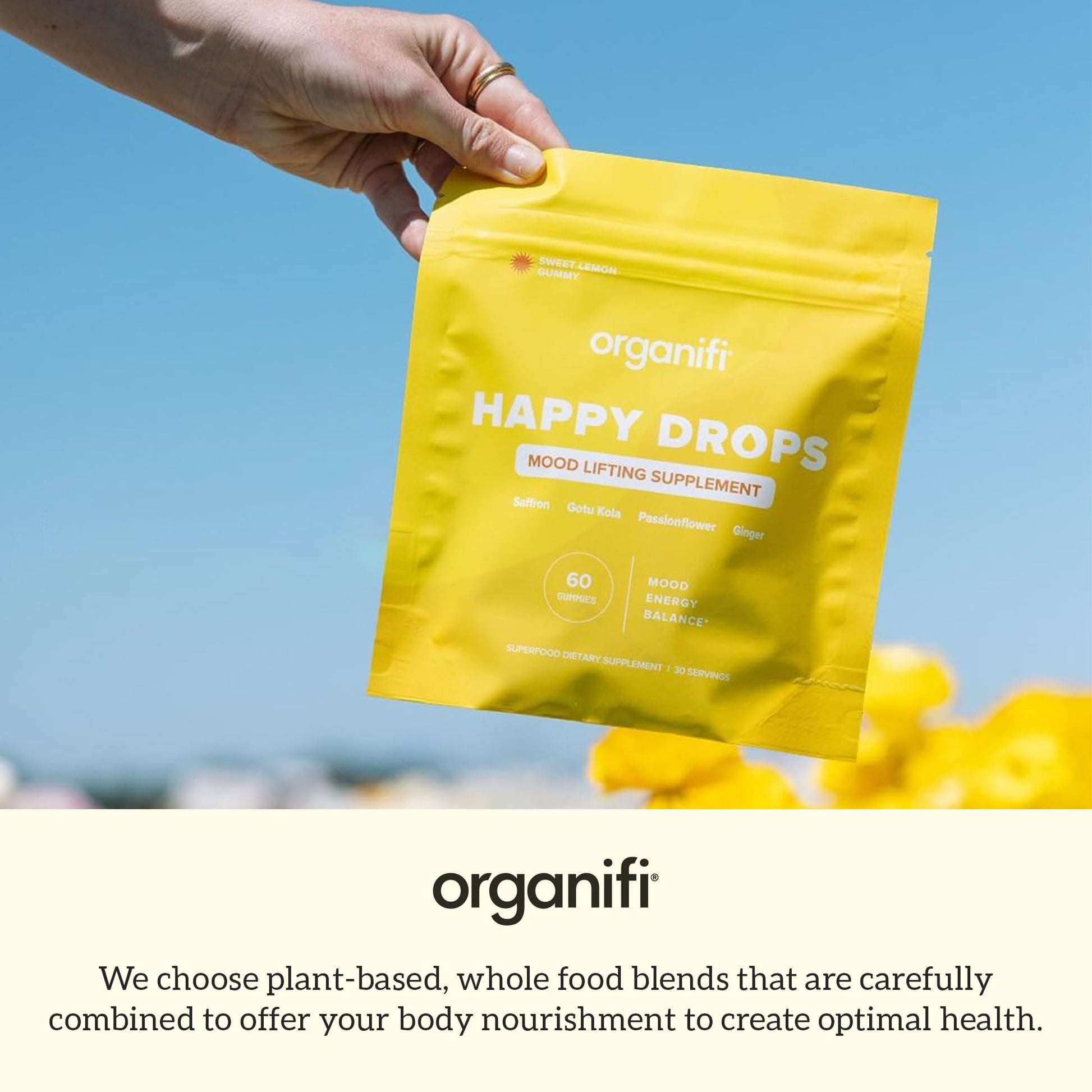 Organifi Happy Drops - Daily Superfood Happy Gummies for Adults - Mood Support Supplement for Balance, Bliss, Energy and Taking the Edge Off - Sweet Lemon Flavor - 60 Gummies - dailyvitalstore