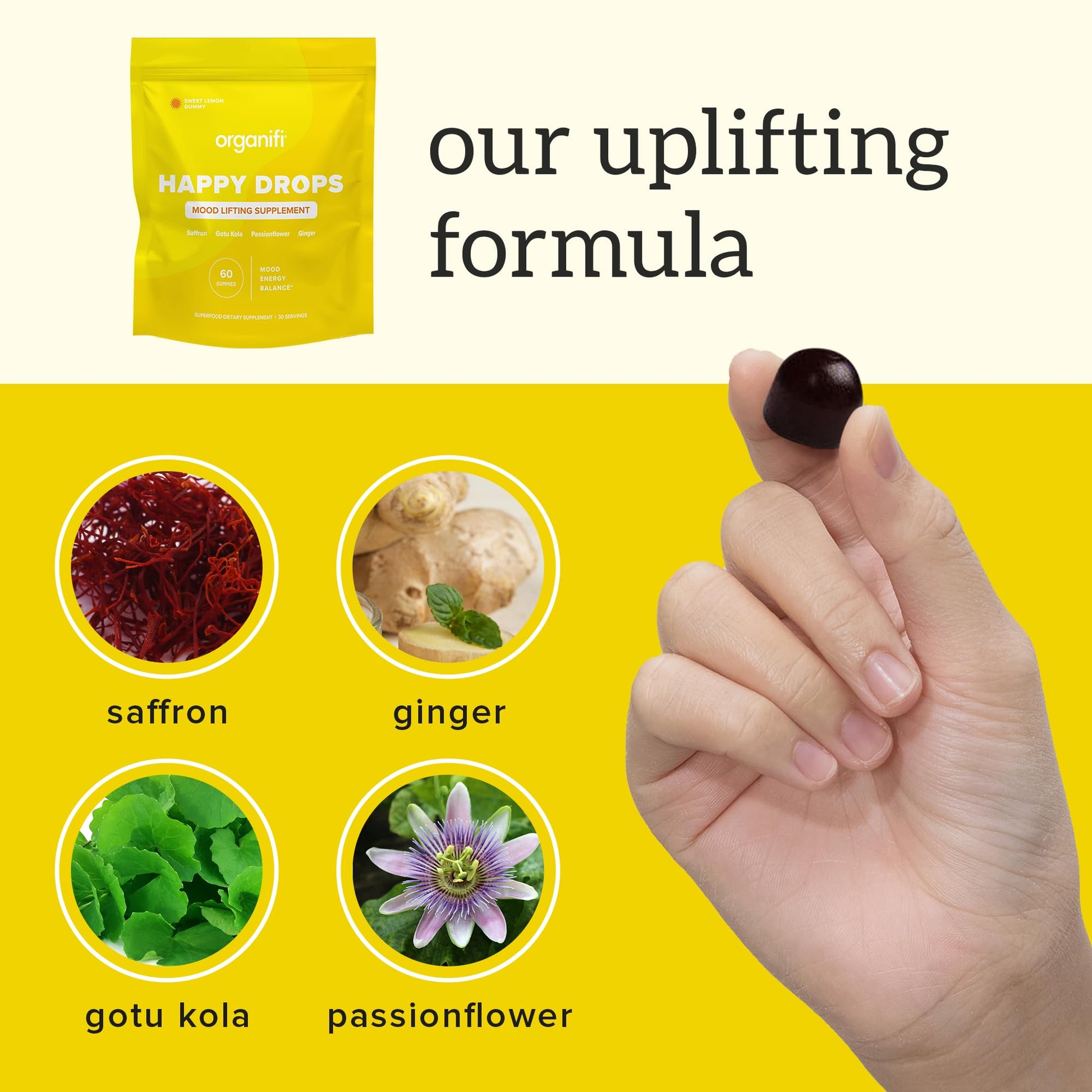 Organifi Happy Drops - Daily Superfood Happy Gummies for Adults - Mood Support Supplement for Balance, Bliss, Energy and Taking the Edge Off - Sweet Lemon Flavor - 60 Gummies - dailyvitalstore