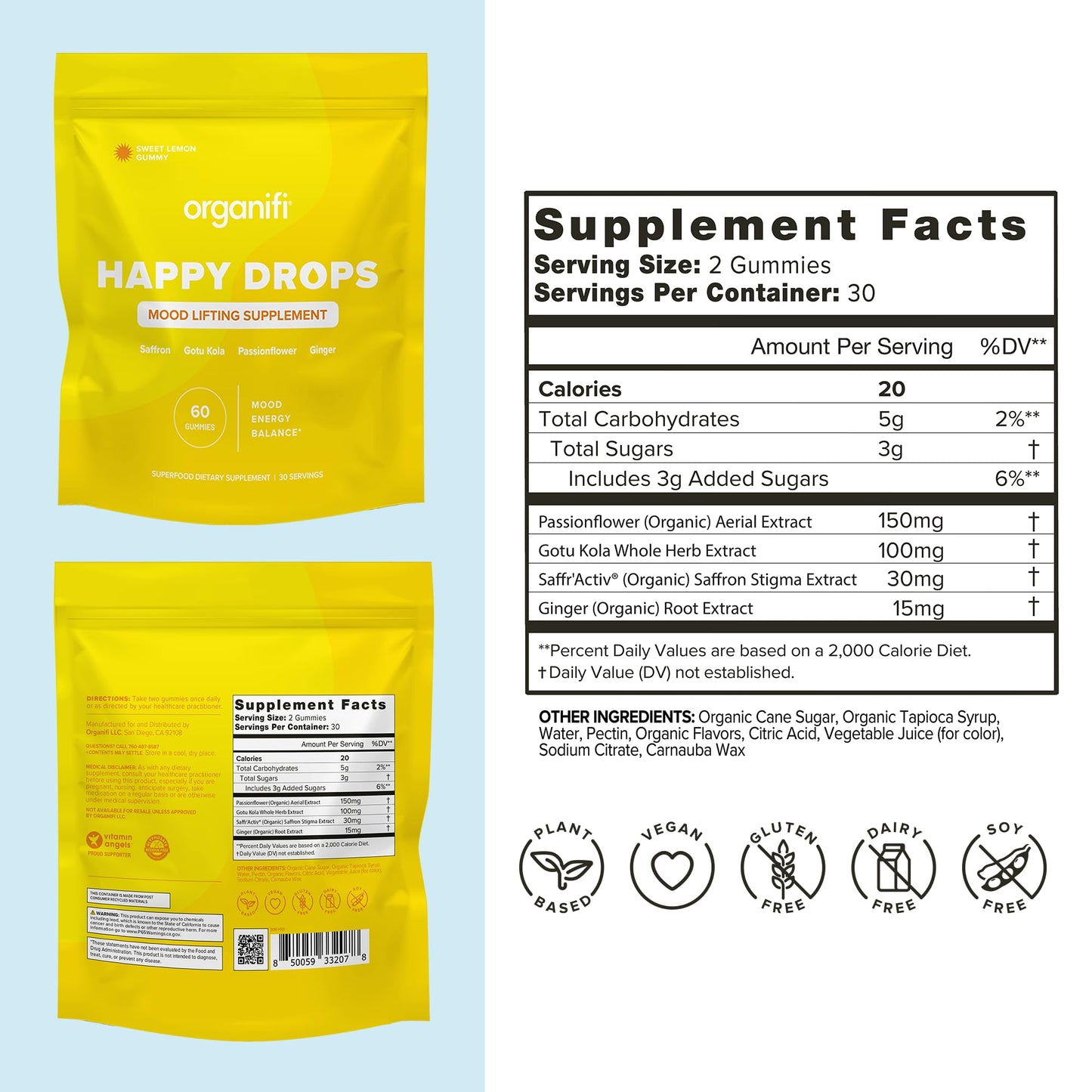 Organifi Happy Drops - Daily Superfood Happy Gummies for Adults - Mood Support Supplement for Balance, Bliss, Energy and Taking the Edge Off - Sweet Lemon Flavor - 60 Gummies - dailyvitalstore