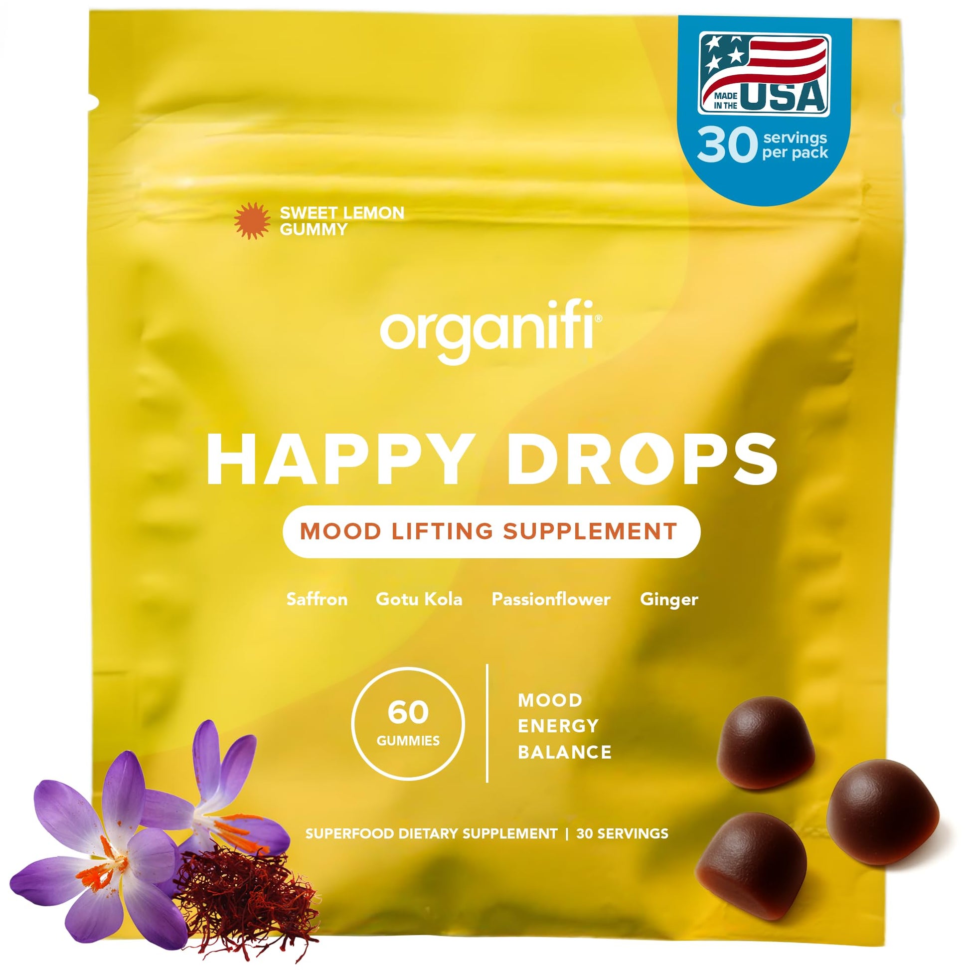 Organifi Happy Drops - Daily Superfood Happy Gummies for Adults - Mood Support Supplement for Balance, Bliss, Energy and Taking the Edge Off - Sweet Lemon Flavor - 60 Gummies - dailyvitalstore