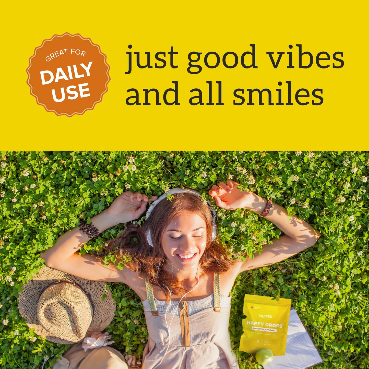 Organifi Happy Drops - Daily Superfood Happy Gummies for Adults - Mood Support Supplement for Balance, Bliss, Energy and Taking the Edge Off - Sweet Lemon Flavor - 60 Gummies - dailyvitalstore
