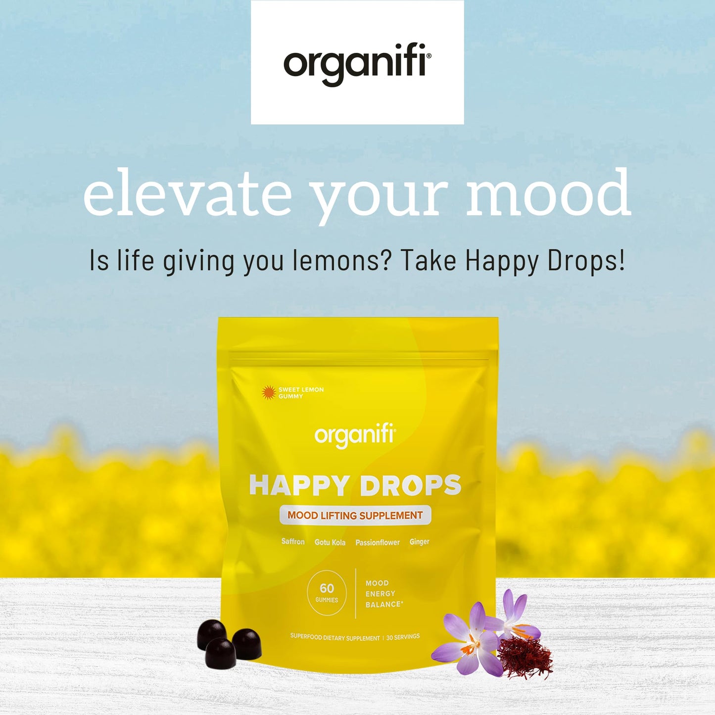 Organifi Happy Drops - Daily Superfood Happy Gummies for Adults - Mood Support Supplement for Balance, Bliss, Energy and Taking the Edge Off - Sweet Lemon Flavor - 60 Gummies - dailyvitalstore