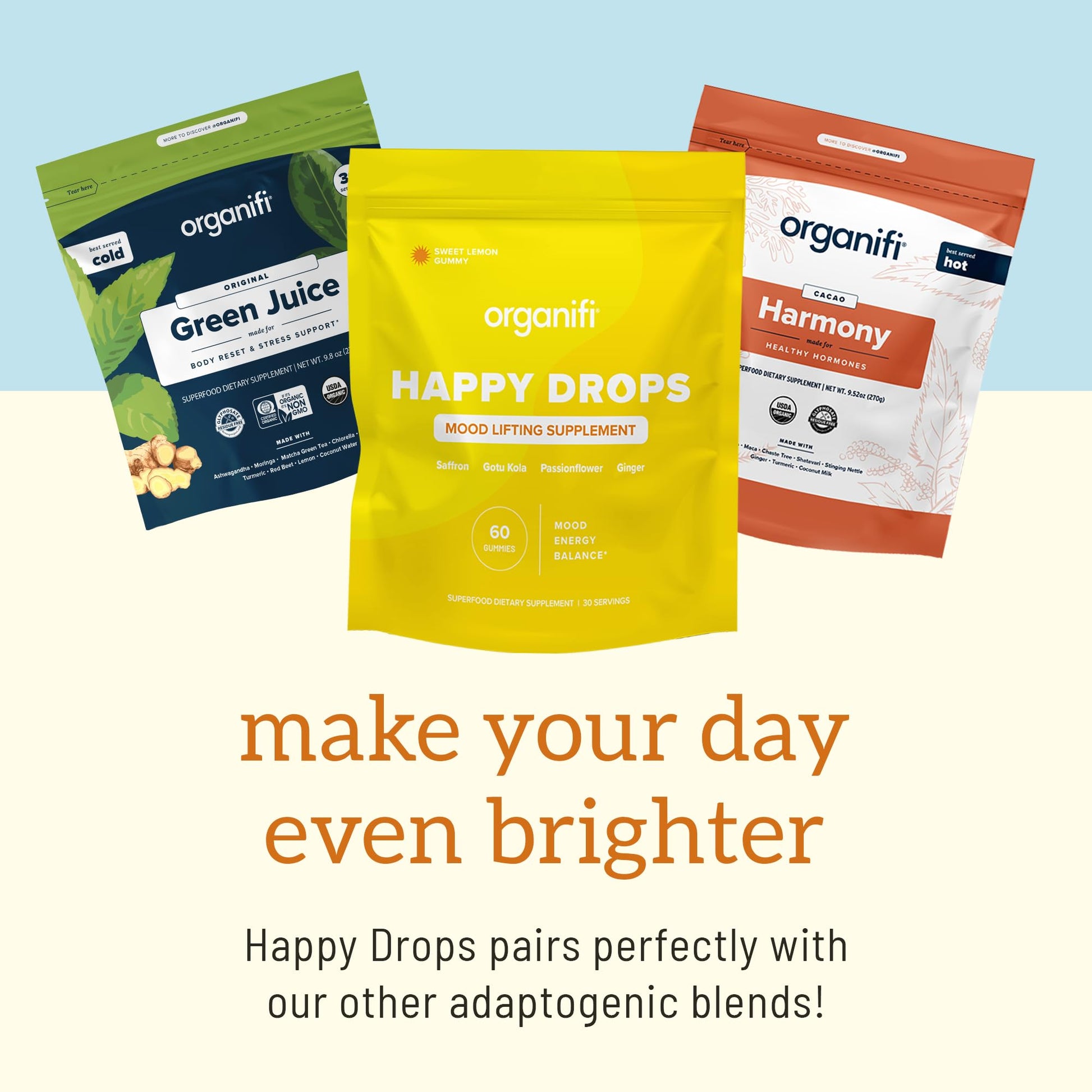 Organifi Happy Drops - Daily Superfood Happy Gummies for Adults - Mood Support Supplement for Balance, Bliss, Energy and Taking the Edge Off - Sweet Lemon Flavor - 60 Gummies - dailyvitalstore