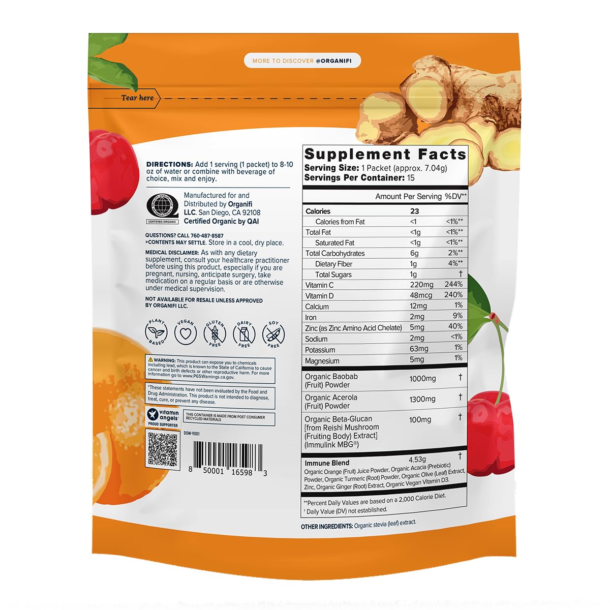 Organifi Immunity - Organic Superfood Immunity Support - 15 Single Serve Packets - Immunity Powder for T Cell Production and Upper Respiratory Health - Mushroom Beta Glucans, Vitamin C, D and Zinc - dailyvitalstore