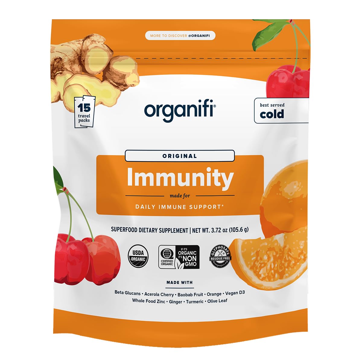 Organifi Immunity - Organic Superfood Immunity Support - 15 Single Serve Packets - Immunity Powder for T Cell Production and Upper Respiratory Health - Mushroom Beta Glucans, Vitamin C, D and Zinc - dailyvitalstore