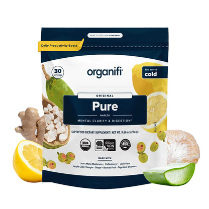 Organifi Pure - Promotes Stimulation in Learning, Memory, Focus, and Clarity - Brain Support with Superfoods - Gluten-Free and Non GMO - Best Served Cold, 30 Servings - dailyvitalstore