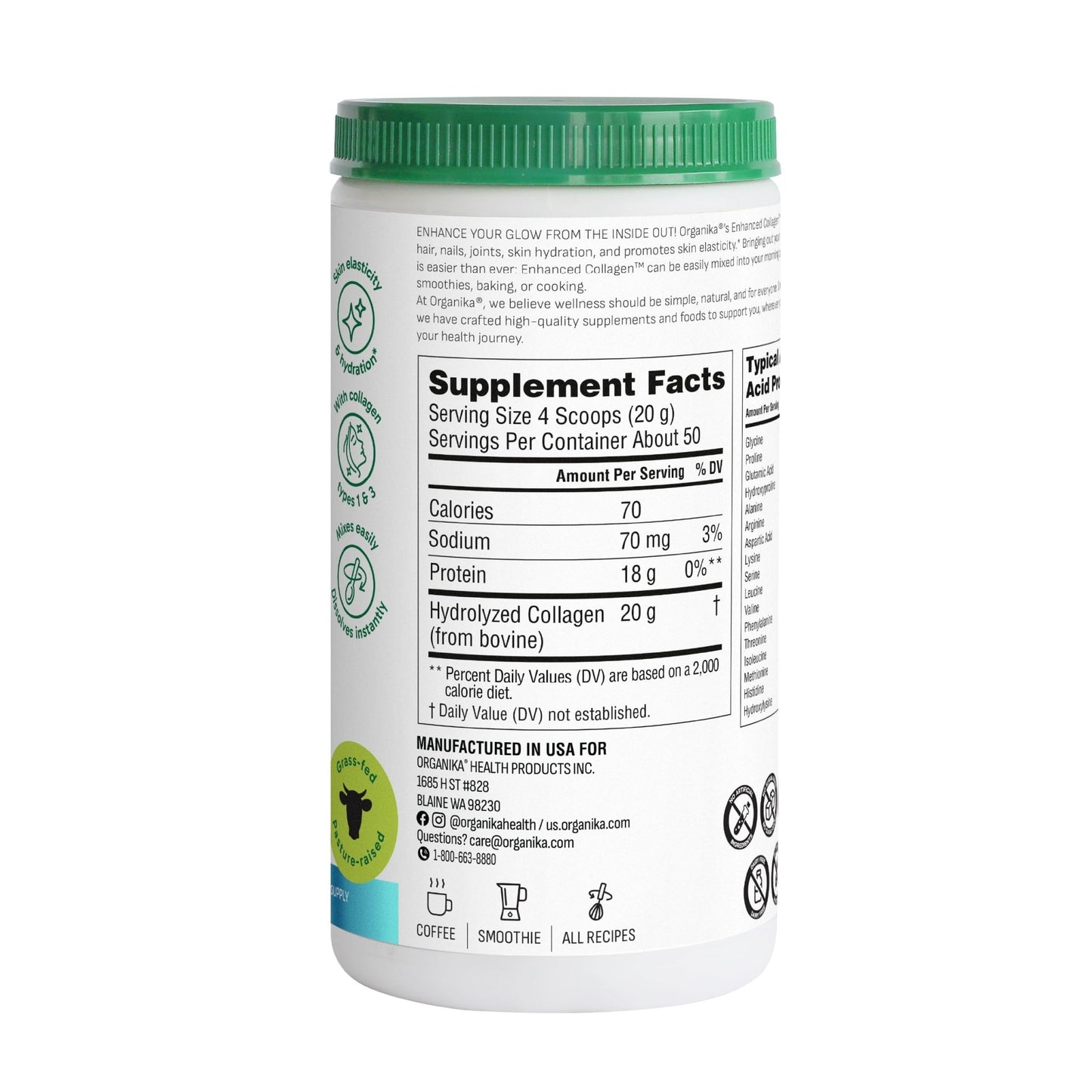 Organika Collagen Powder - for Healthy Hair, Skin, Nails, and Joints. Hydrolyzed Protein Peptides for Better Absorption- Grass-Fed, Non-GMO- Unflavoured- 2.2lbs - dailyvitalstore