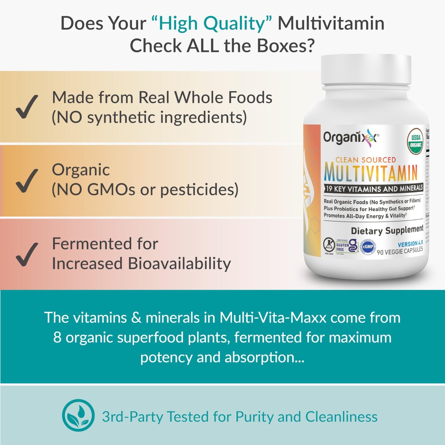 Organixx Clean Sourced Multivitamin for Women & Men, w/Vitamin C, D3, Vitamin B Complex, Probiotics, Organic Fruits & Vegetables, Supports Digestive Gut Health, Immune Support, 90 Vegan Gel Capsules - dailyvitalstore