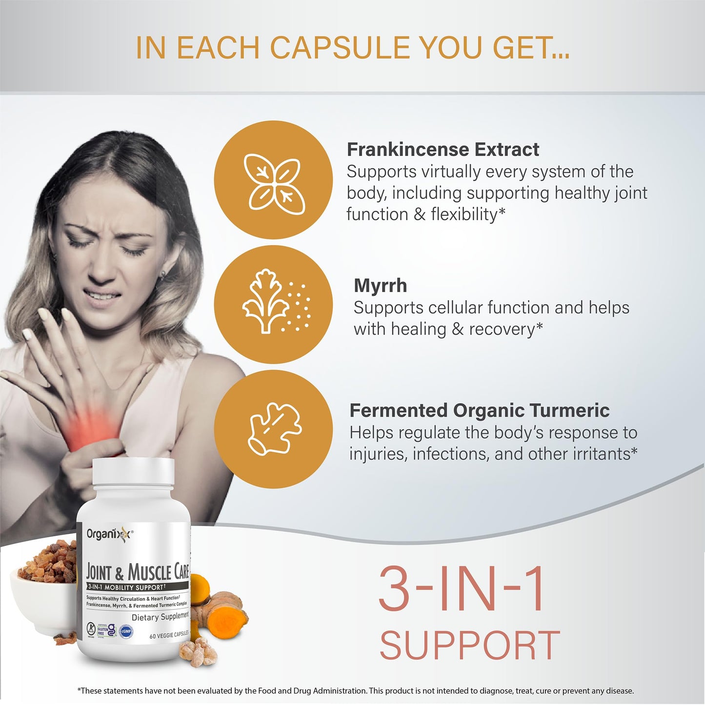Organixx Joint & Muscle Care Organic Turmeric Supplement, 3-in-1 Frankincense, Turmeric and Myrrh Joint Health & Joint Support Supplement Body Care Capsules, Supports Swelling, Tension, 60 Capsules - dailyvitalstore