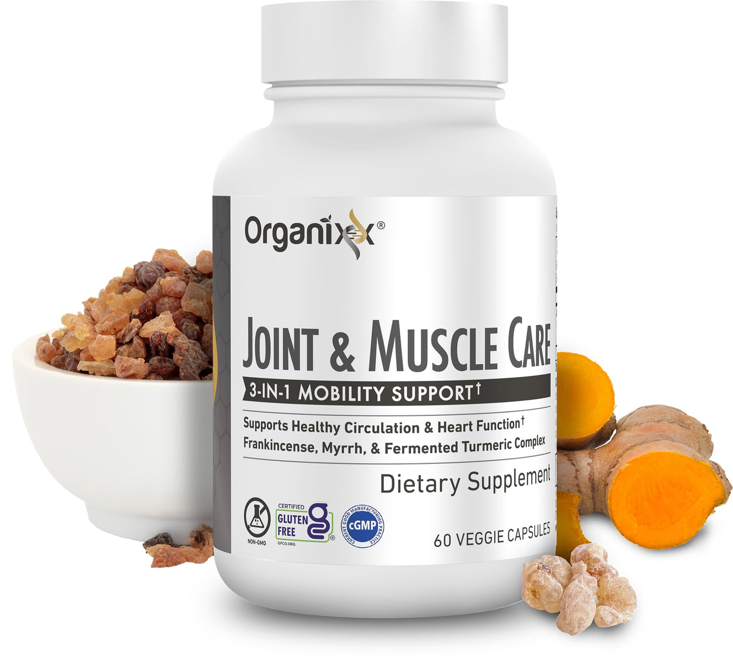 Organixx Joint & Muscle Care Organic Turmeric Supplement, 3-in-1 Frankincense, Turmeric and Myrrh Joint Health & Joint Support Supplement Body Care Capsules, Supports Swelling, Tension, 60 Capsules - dailyvitalstore