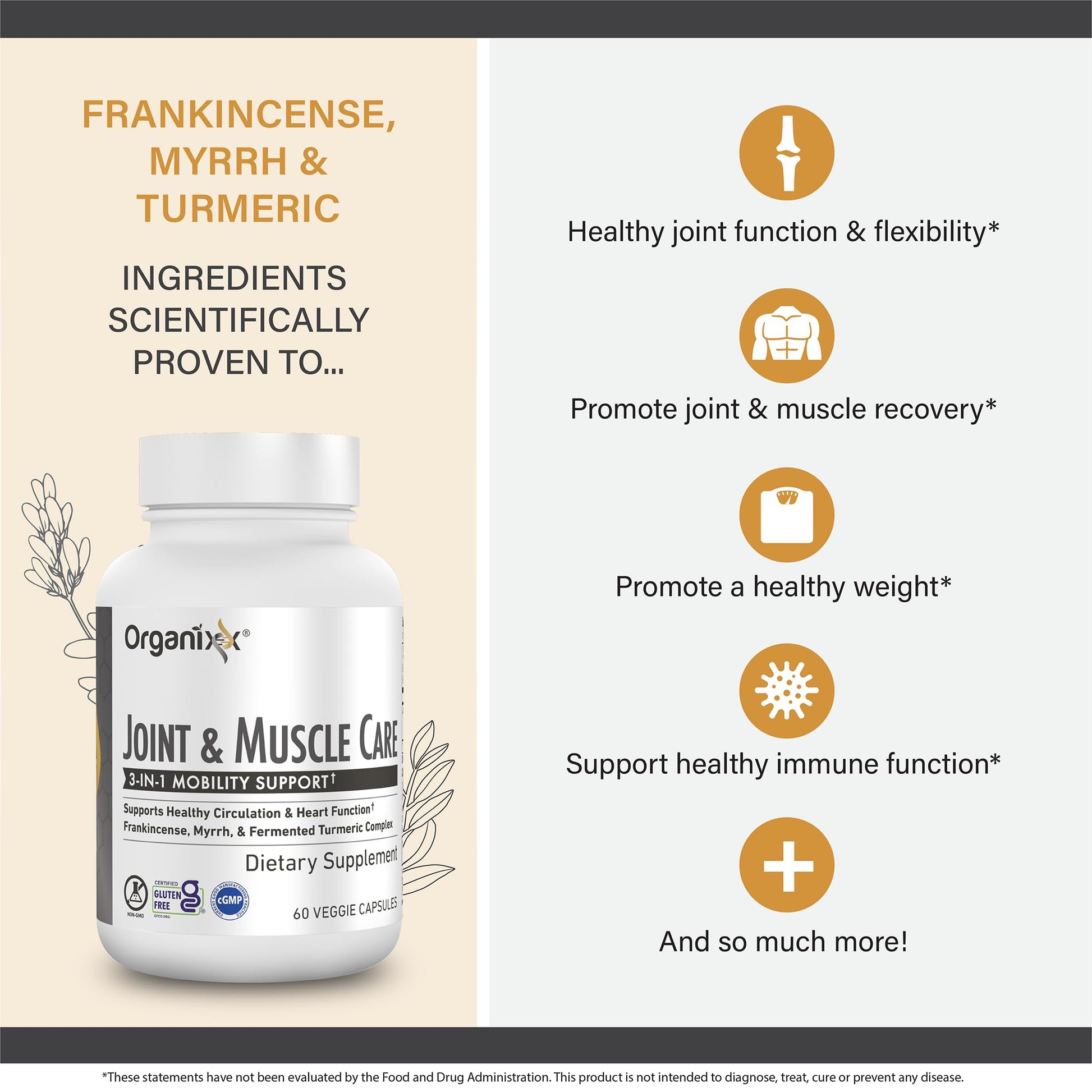 Organixx Joint & Muscle Care Organic Turmeric Supplement, 3-in-1 Frankincense, Turmeric and Myrrh Joint Health & Joint Support Supplement Body Care Capsules, Supports Swelling, Tension, 60 Capsules - dailyvitalstore