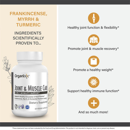 Organixx Joint & Muscle Care Organic Turmeric Supplement, 3-in-1 Frankincense, Turmeric and Myrrh Joint Health & Joint Support Supplement Body Care Capsules, Supports Swelling, Tension, 60 Capsules - dailyvitalstore