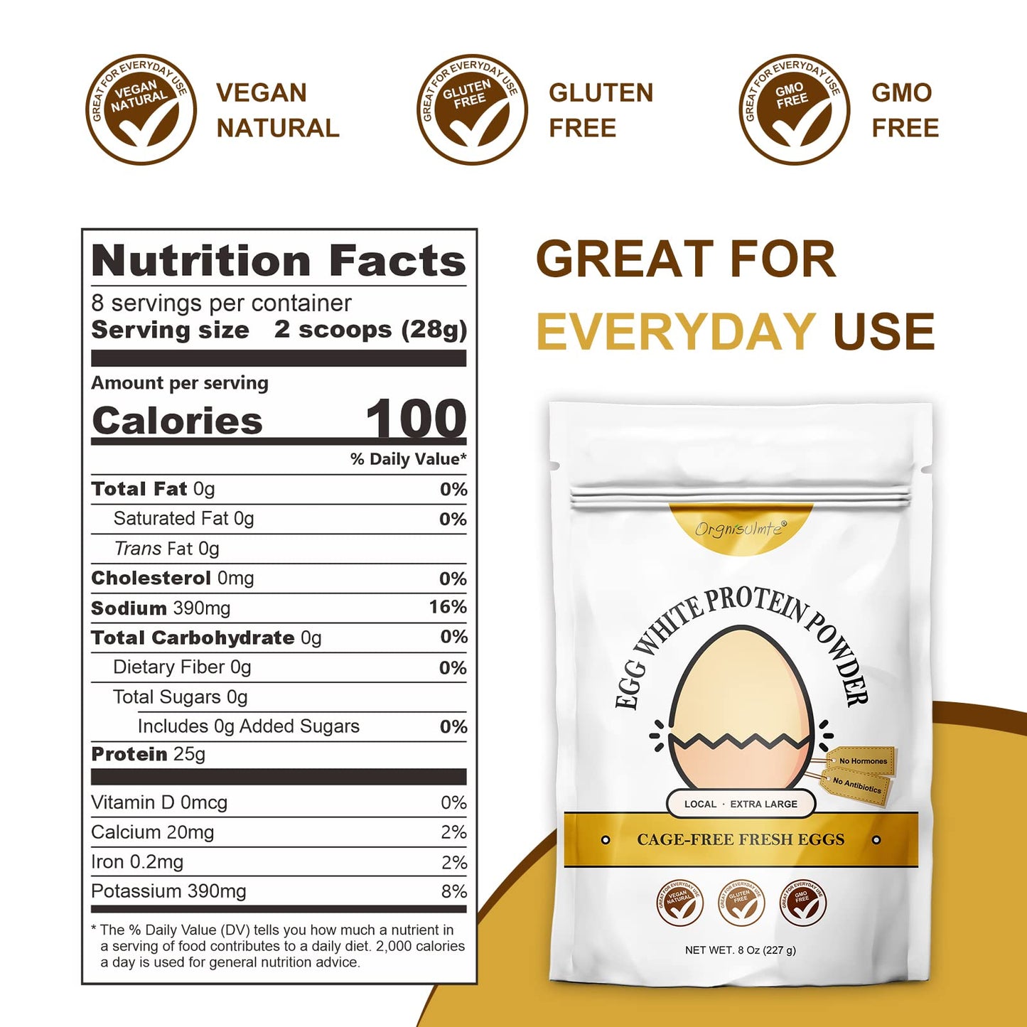 Orgnisulmte Egg White Protein Powder 8 Oz, Pasteurized Dried Egg Whites Protein, Gluten-Free, Non-GMO, Unflavored, Free Range High Whip for Baking, Desserts 227g - dailyvitalstore