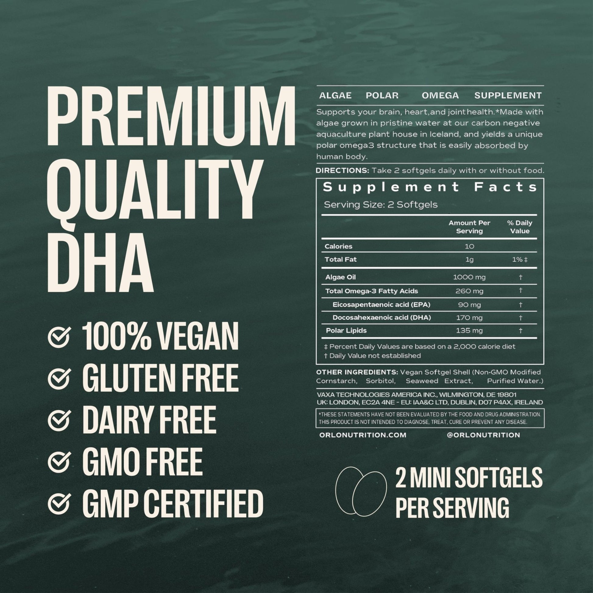 Orlo DHA Supplement 1000mg - 3X Absorption Natural Icelandic Nordic Omega 3 DHA & EPA for Brain & Eye Support – Vegan Fish Oil Alternative, No Fishy Aftertaste, 60 Easy-to-Swallow Mini Softgels - dailyvitalstore