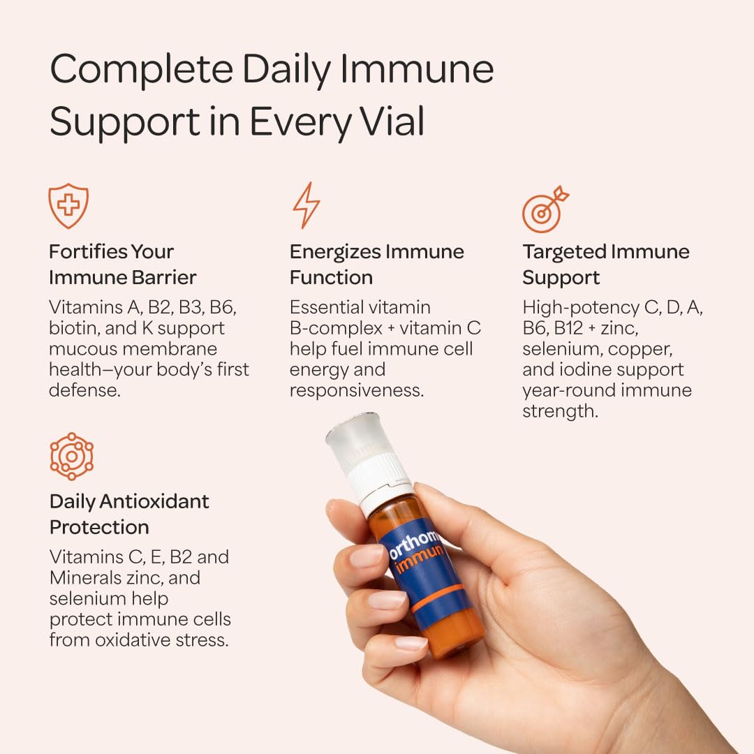 Orthomol Immun, Immune Support Vials for Adults with Vitamin C, Zinc, Selenium, Iodine, Vitamin D, E, A ,B, Calcium, 25+ Immune Boost Nutrients, 1 Serving Per Day for Daily Health (30 Day Supply) - dailyvitalstore