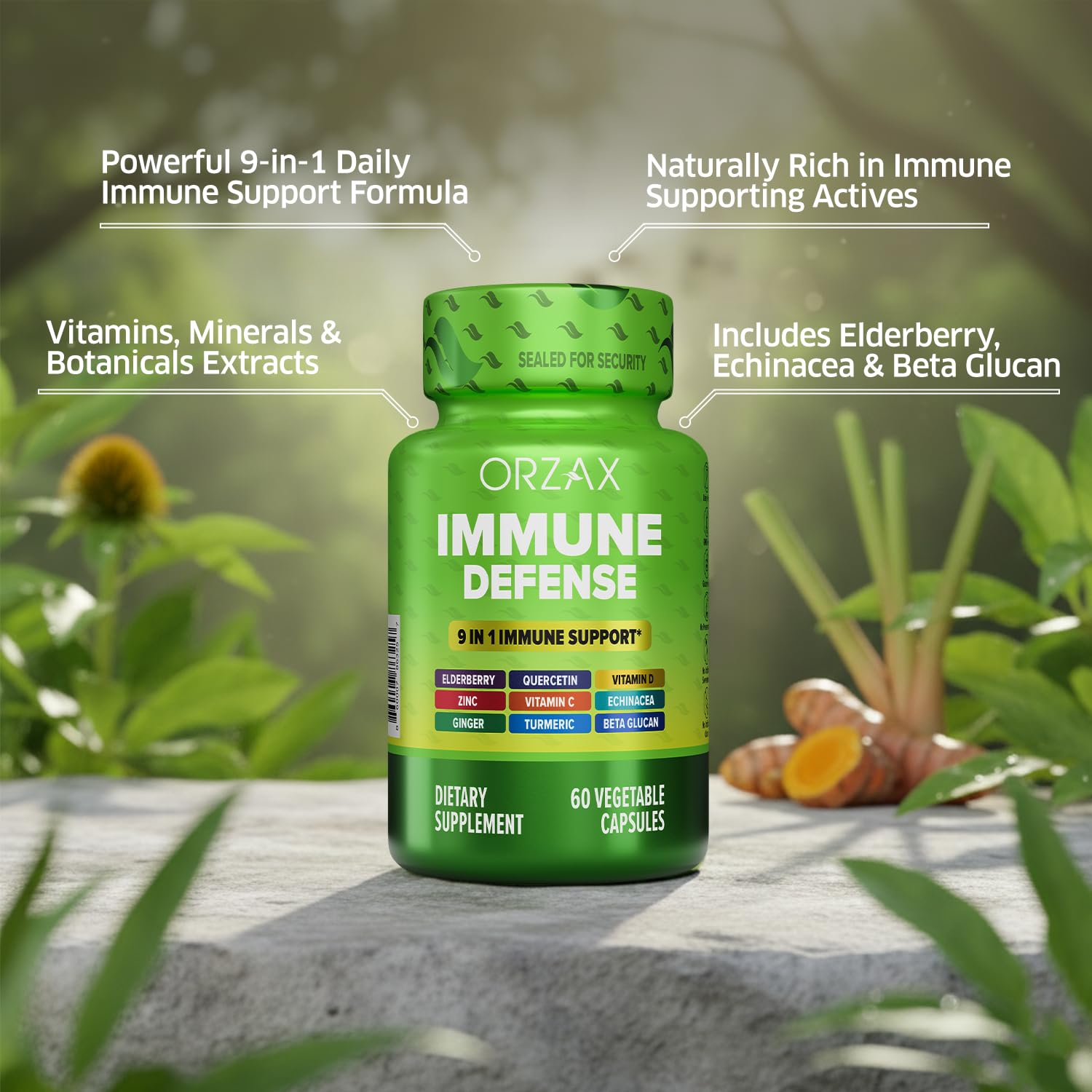 ORZAX 9 in 1 Immune Defense Booster Herbal Supplement, Specialized High Strength Formula - Vitamin C & D, Zinc, Quercetin, Turmeric & Ginger, Echinacea - Non-GMO - 60 Veggie Capsules - 30 Day Supply - dailyvitalstore