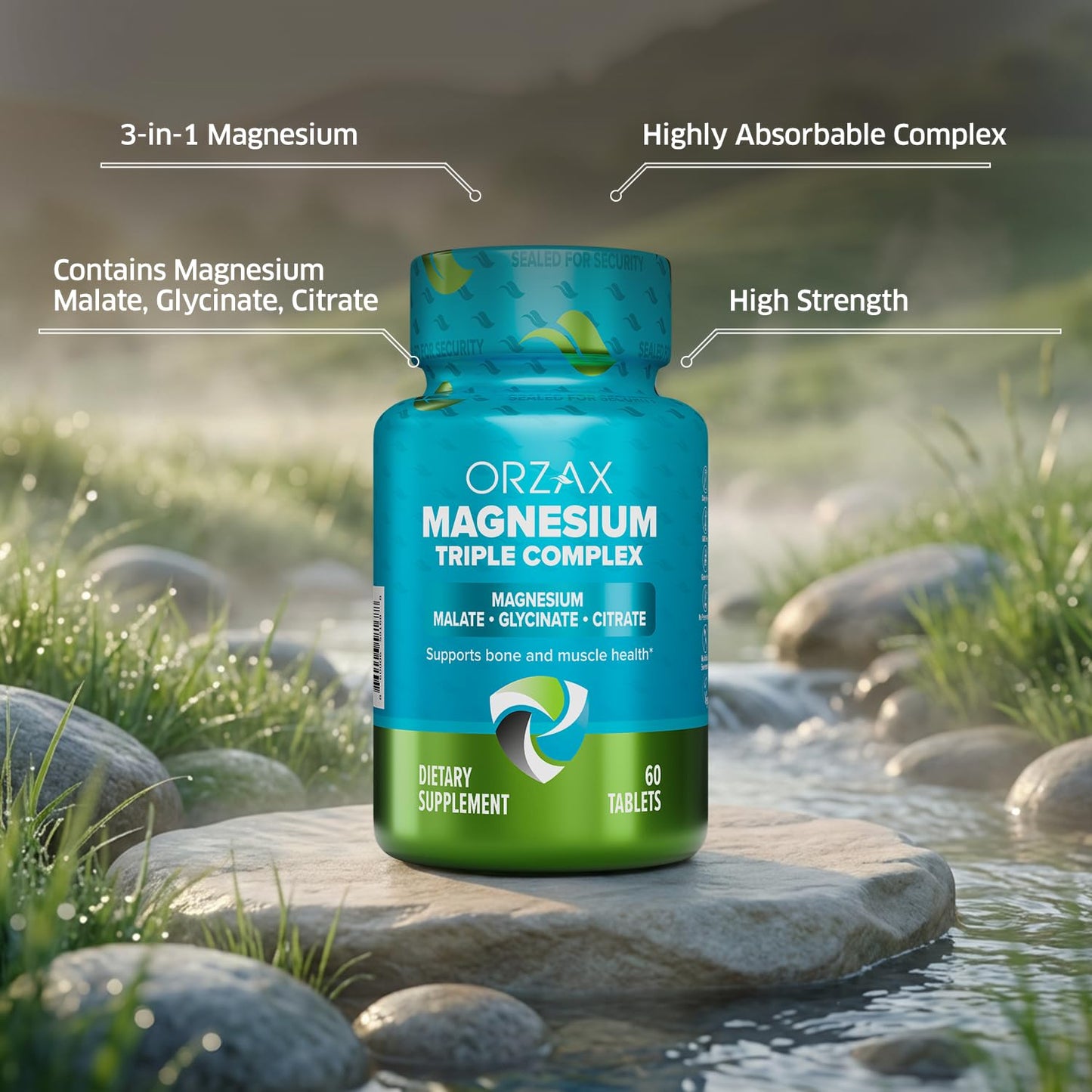 ORZAX Magnesium Triple Complex | Magnesium Glycinate, Citrate, Malate | Vegan, Gluten Free, Dairy Free, Halal | 200 mg of Triple Complex Magnesium for Muscles & Energy for Women and Men | 60 Tablets - dailyvitalstore