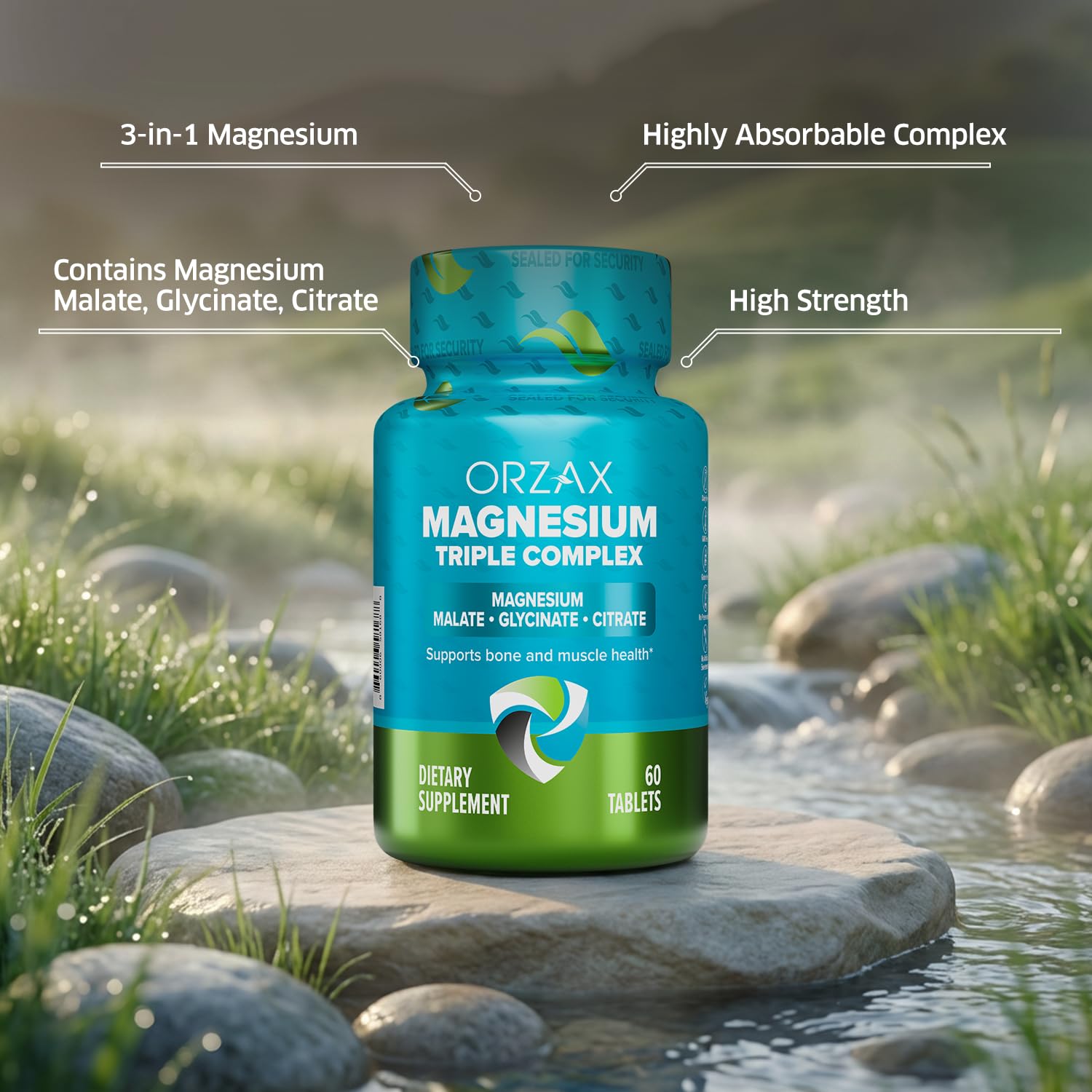 ORZAX Magnesium Triple Complex | Magnesium Glycinate, Citrate, Malate | Vegan, Gluten Free, Dairy Free, Halal | 200 mg of Triple Complex Magnesium for Muscles & Energy for Women and Men | 60 Tablets - dailyvitalstore