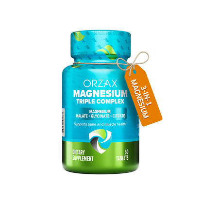 ORZAX Magnesium Triple Complex | Magnesium Glycinate, Citrate, Malate | Vegan, Gluten Free, Dairy Free, Halal | 200 mg of Triple Complex Magnesium for Muscles & Energy for Women and Men | 60 Tablets - dailyvitalstore