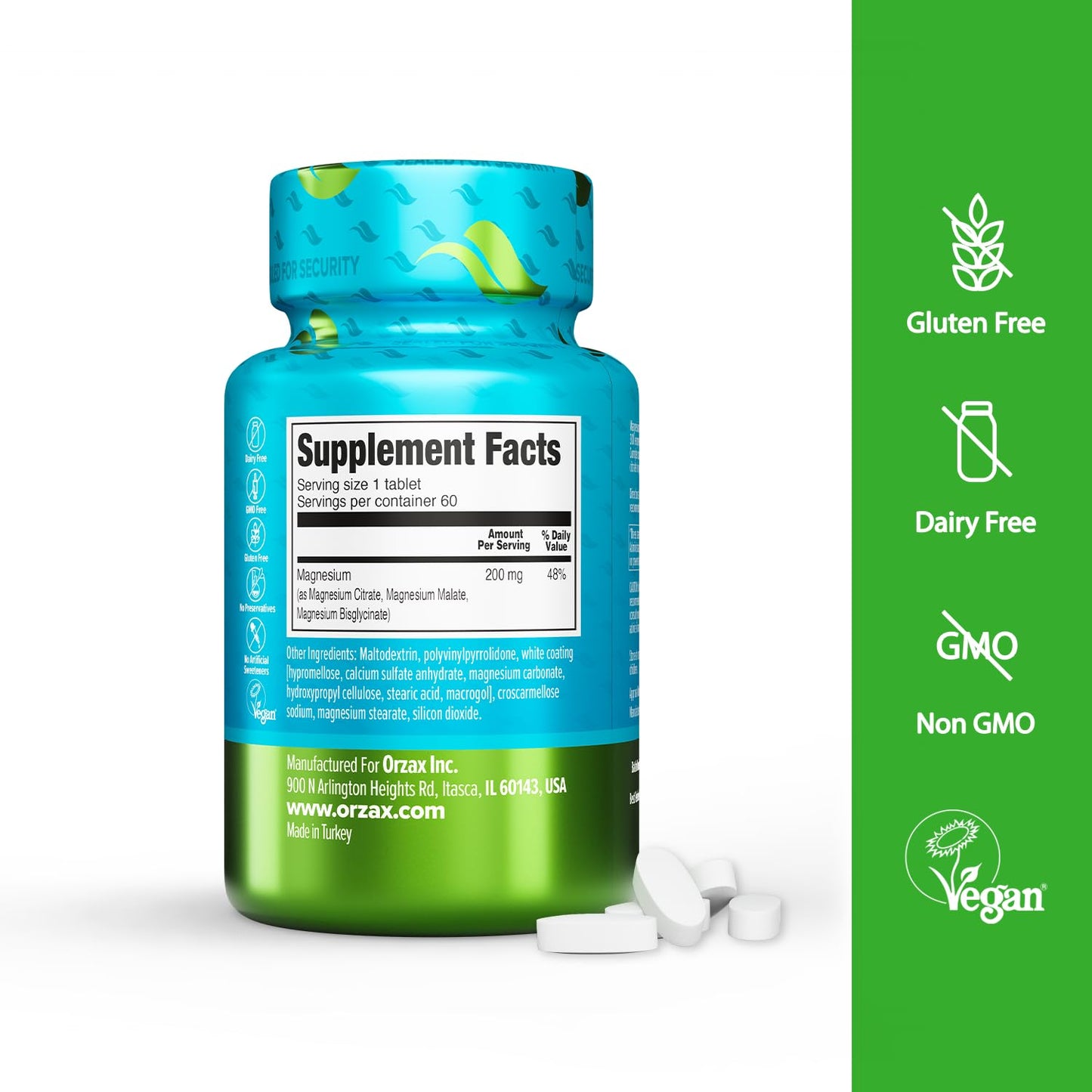 ORZAX Magnesium Triple Complex | Magnesium Glycinate, Citrate, Malate | Vegan, Gluten Free, Dairy Free, Halal | 200 mg of Triple Complex Magnesium for Muscles & Energy for Women and Men | 60 Tablets - dailyvitalstore