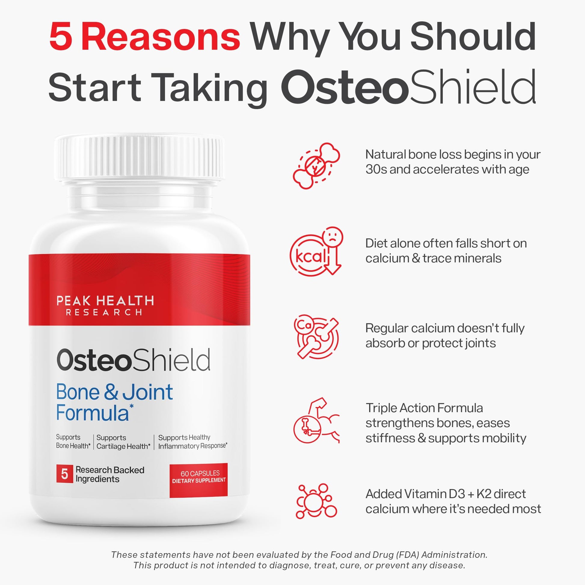 OsteoShield Peak Health Research - Bone & Joint Formula - Calcium Supplements for Women & Men with Vitamin D3, K2 & Aquamin - dailyvitalstore
