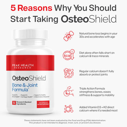 OsteoShield Peak Health Research - Bone & Joint Formula - Calcium Supplements for Women & Men with Vitamin D3, K2 & Aquamin - dailyvitalstore