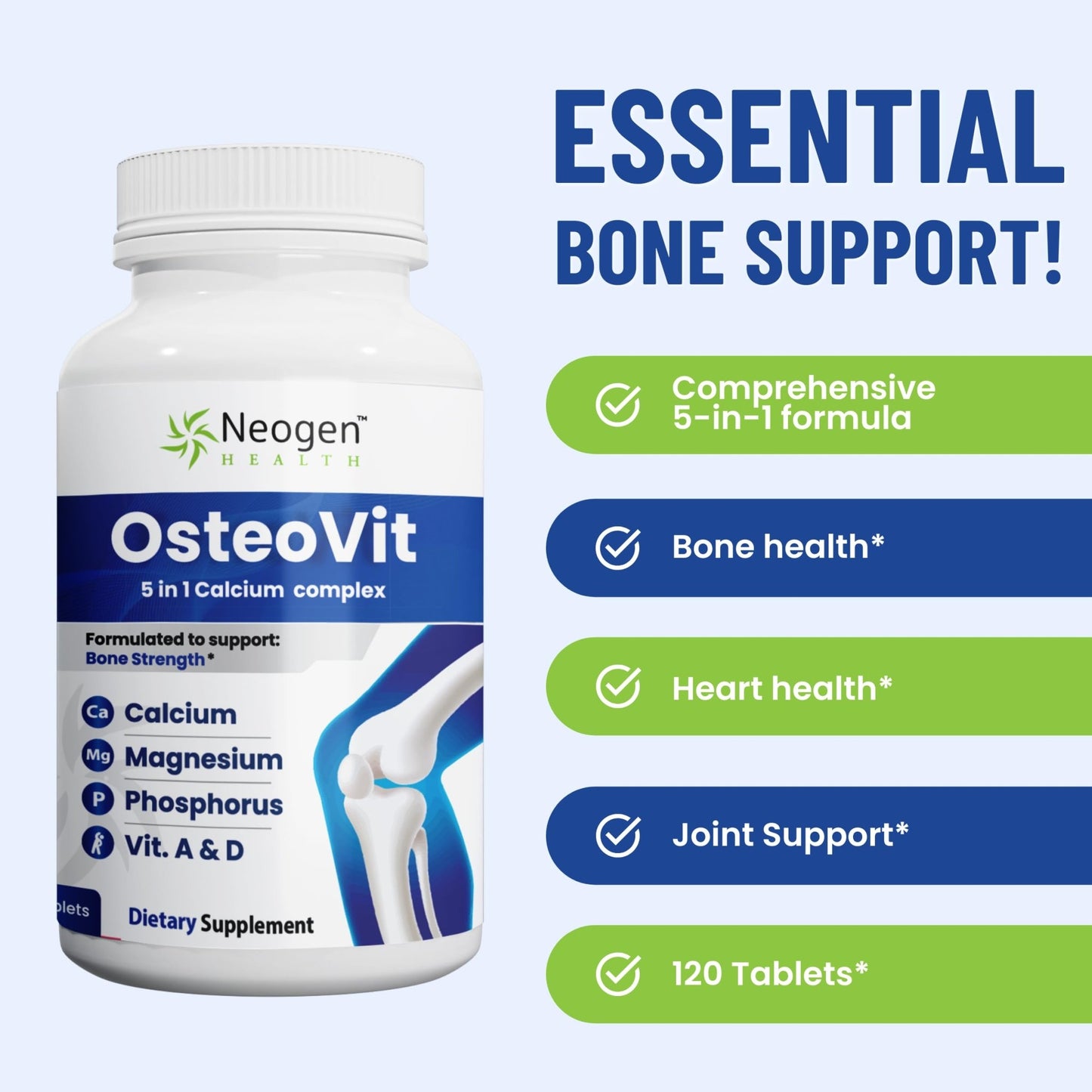 OsteoVit 5-in-1 Calcium 120 tabs Multivitamin: Calcium, Magnesium, Phosphorus, Vitamin D3 & A - Bone Strength & Flexibility*, Non-GMO Gluten Free - dailyvitalstore