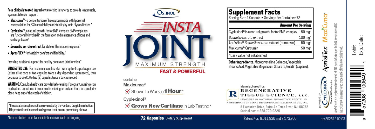 Ostinol Insta Joint Maximum Strength – Advanced Joint Support Capsules with Cyplexinol®, Maxicuma®, ApresFlex® & Boswellia – Supports Cartilage, Flexibility & Mobility – 72 Capsules - dailyvitalstore