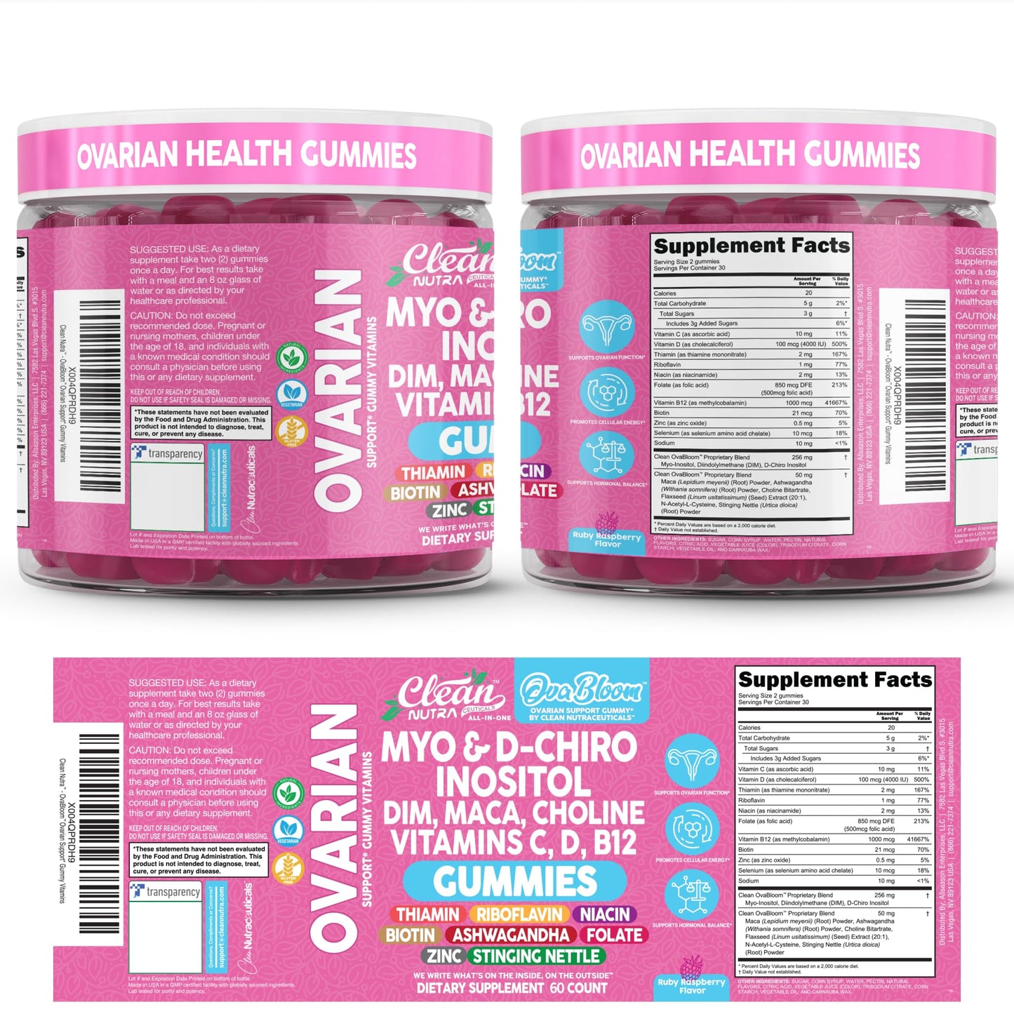OVA Bloom Ovarian Support Gummies Myo Inositol D-Chiro Inositol Choline Flax Biotin Riboflavin Thiamin Niacin Ashwagandha DIM Maca Root Vitamin C D3 B12 Zinc 60 Count By Clean Nutra - dailyvitalstore
