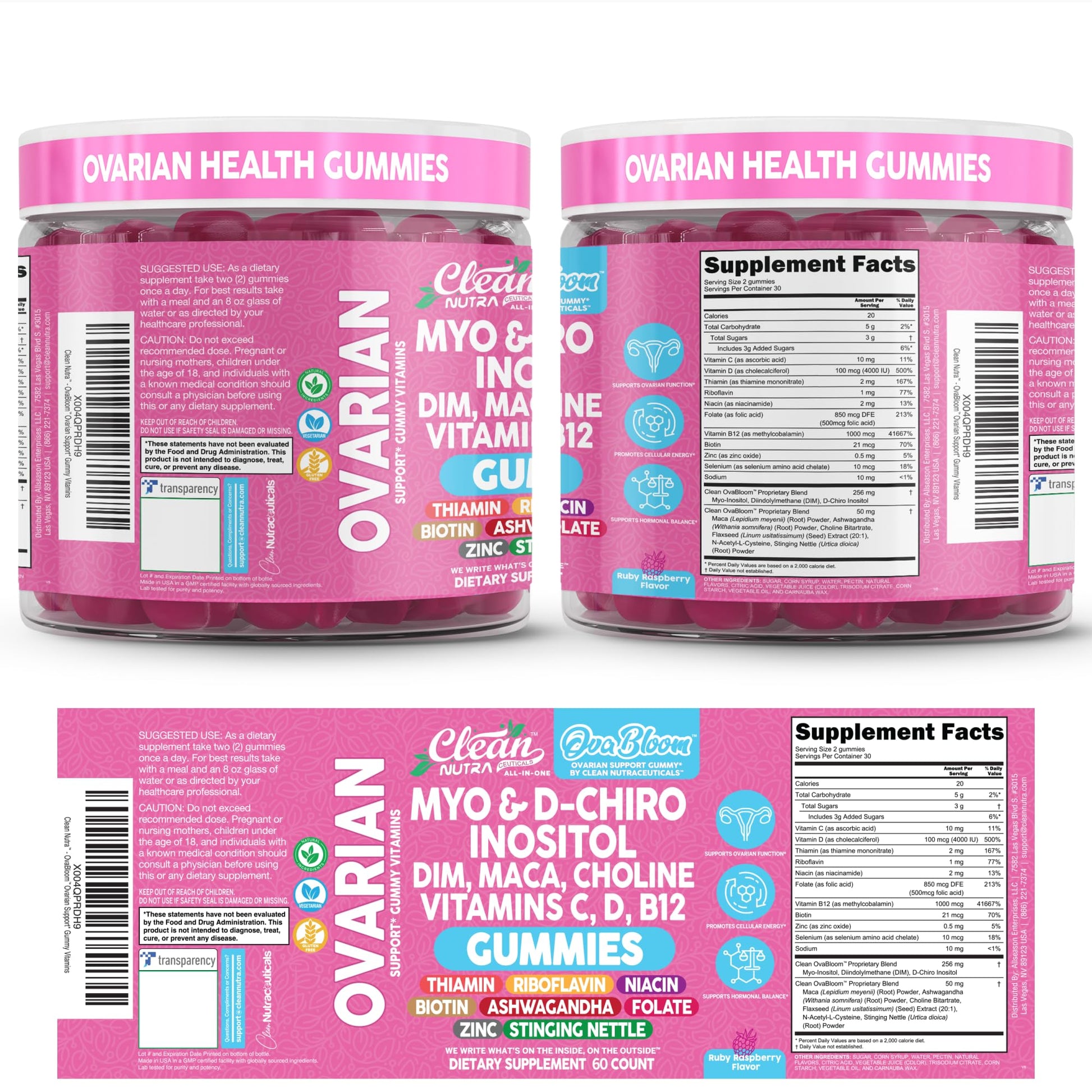 OVA Bloom Ovarian Support Gummies Myo Inositol D-Chiro Inositol Choline Flax Biotin Riboflavin Thiamin Niacin Ashwagandha DIM Maca Root Vitamin C D3 B12 Zinc 60 Count By Clean Nutra - dailyvitalstore