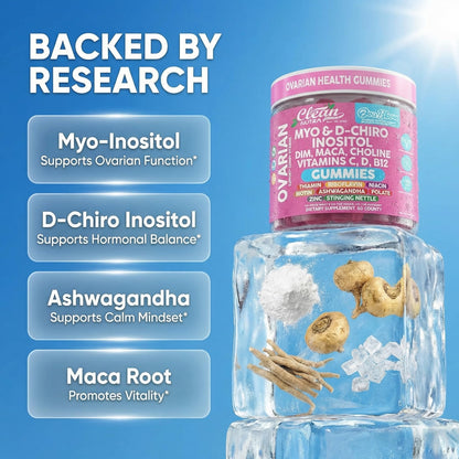 OVA Bloom Ovarian Support Gummies Myo Inositol D-Chiro Inositol Choline Flax Biotin Riboflavin Thiamin Niacin Ashwagandha DIM Maca Root Vitamin C D3 B12 Zinc 60 Count By Clean Nutra - dailyvitalstore