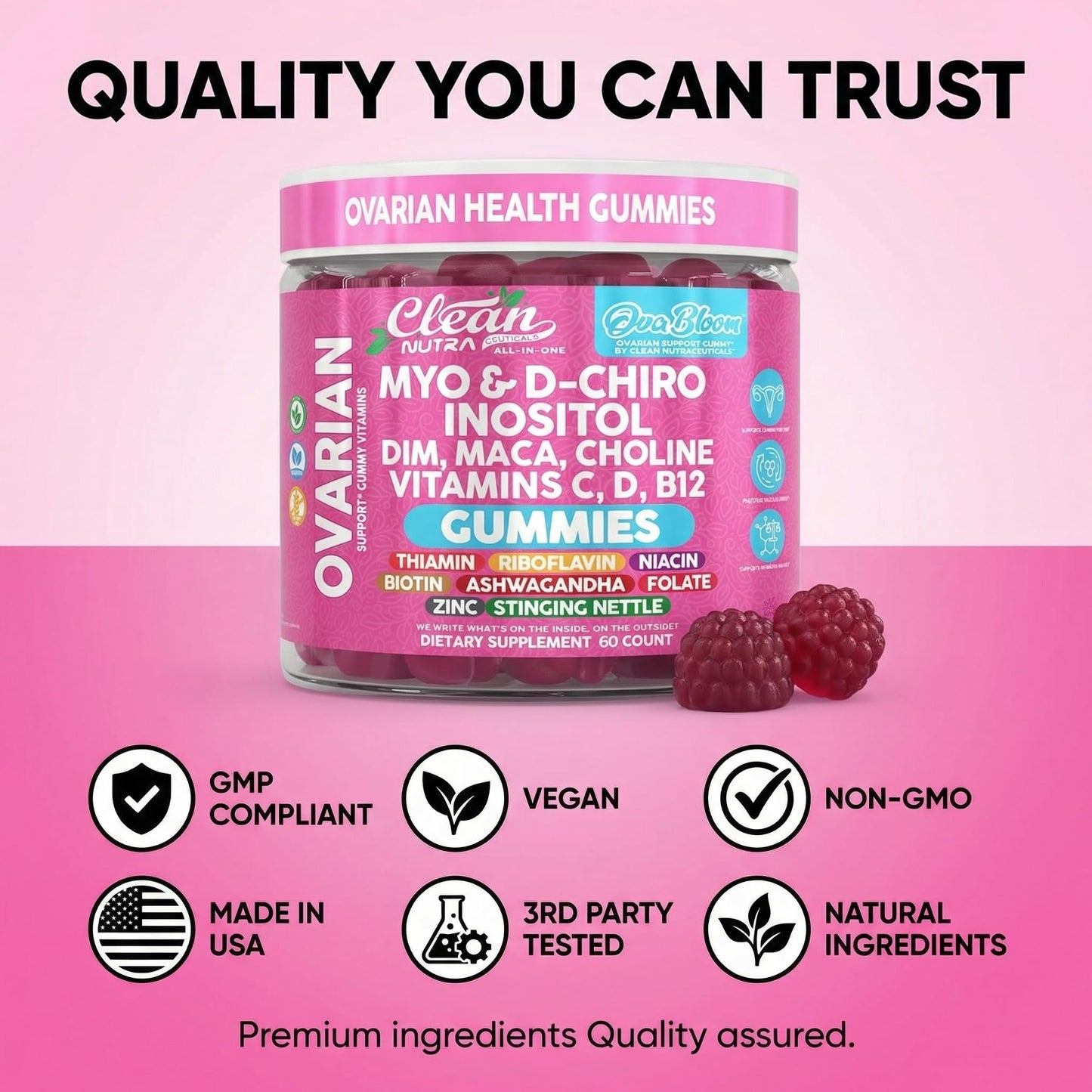 OVA Bloom Ovarian Support Gummies Myo Inositol D-Chiro Inositol Choline Flax Biotin Riboflavin Thiamin Niacin Ashwagandha DIM Maca Root Vitamin C D3 B12 Zinc 60 Count By Clean Nutra - dailyvitalstore