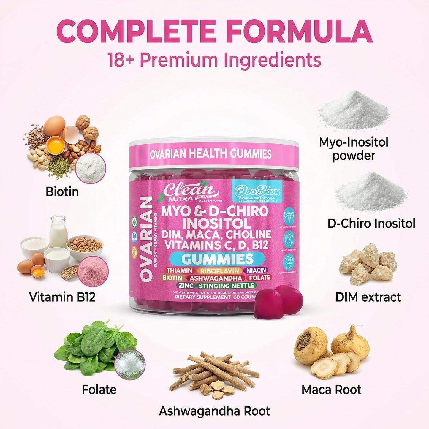 OVA Bloom Ovarian Support Gummies Myo Inositol D-Chiro Inositol Choline Flax Biotin Riboflavin Thiamin Niacin Ashwagandha DIM Maca Root Vitamin C D3 B12 Zinc 60 Count By Clean Nutra - dailyvitalstore