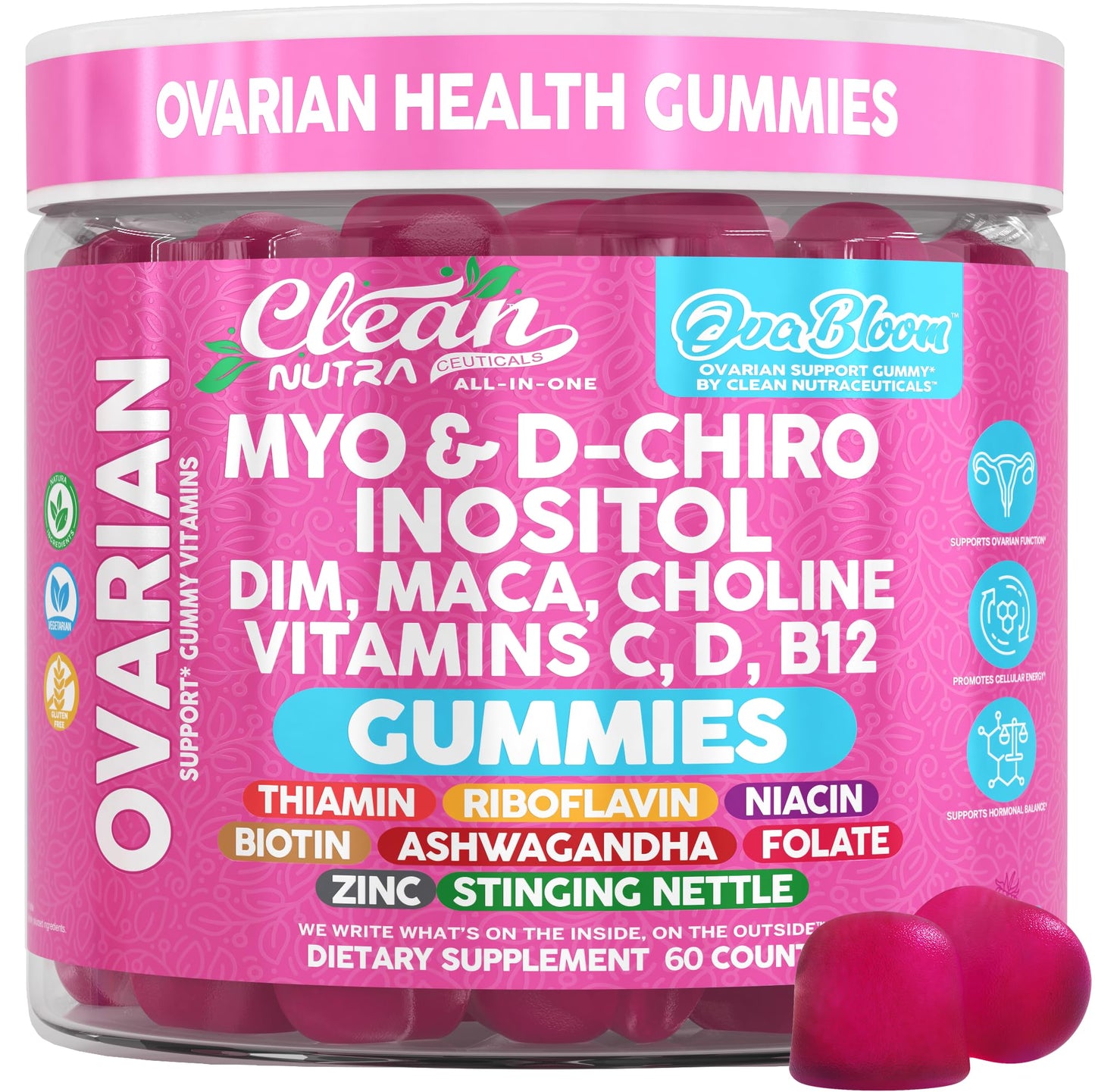 OVA Bloom Ovarian Support Gummies Myo Inositol D-Chiro Inositol Choline Flax Biotin Riboflavin Thiamin Niacin Ashwagandha DIM Maca Root Vitamin C D3 B12 Zinc 60 Count By Clean Nutra - dailyvitalstore