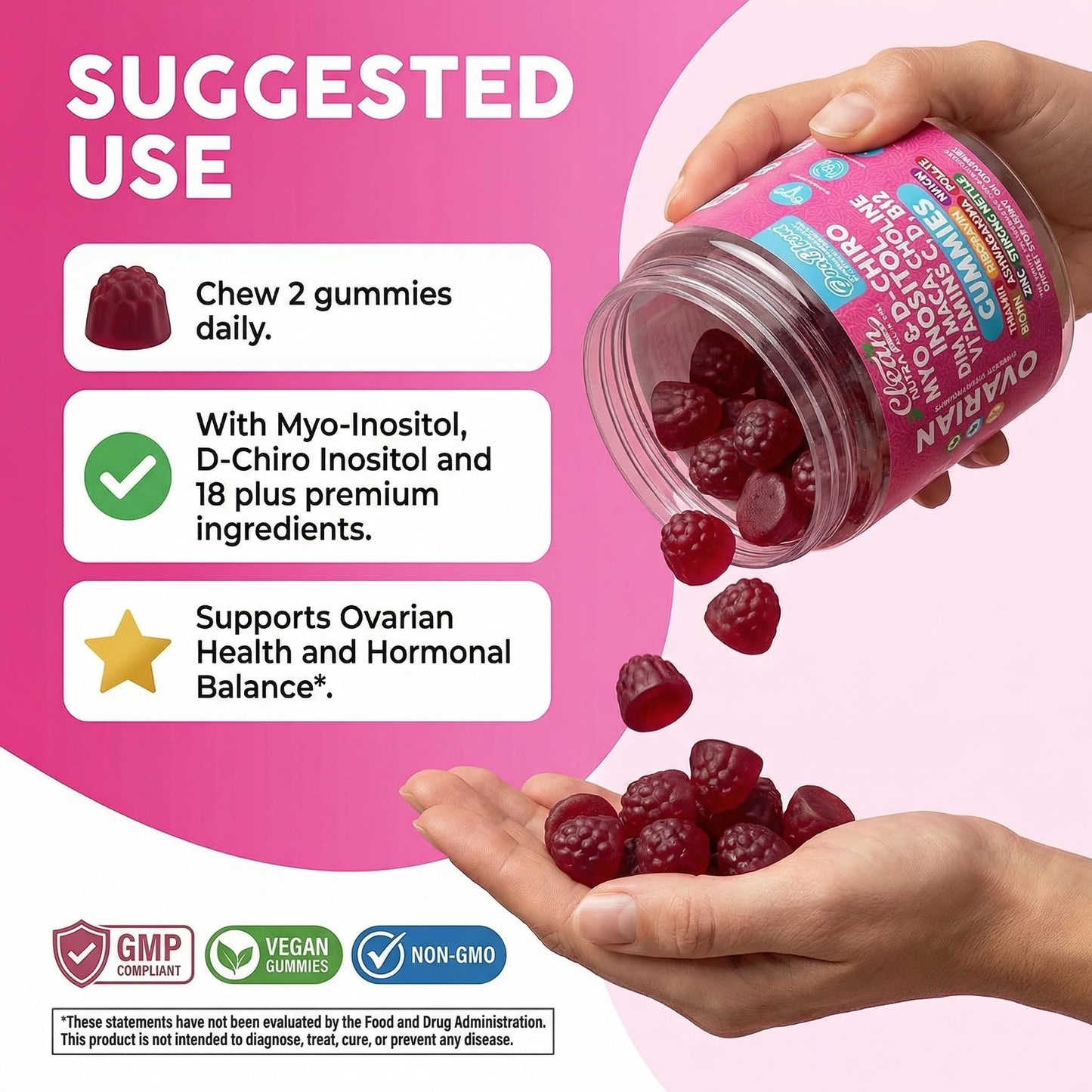 OVA Bloom Ovarian Support Gummies Myo Inositol D-Chiro Inositol Choline Flax Biotin Riboflavin Thiamin Niacin Ashwagandha DIM Maca Root Vitamin C D3 B12 Zinc 60 Count By Clean Nutra - dailyvitalstore