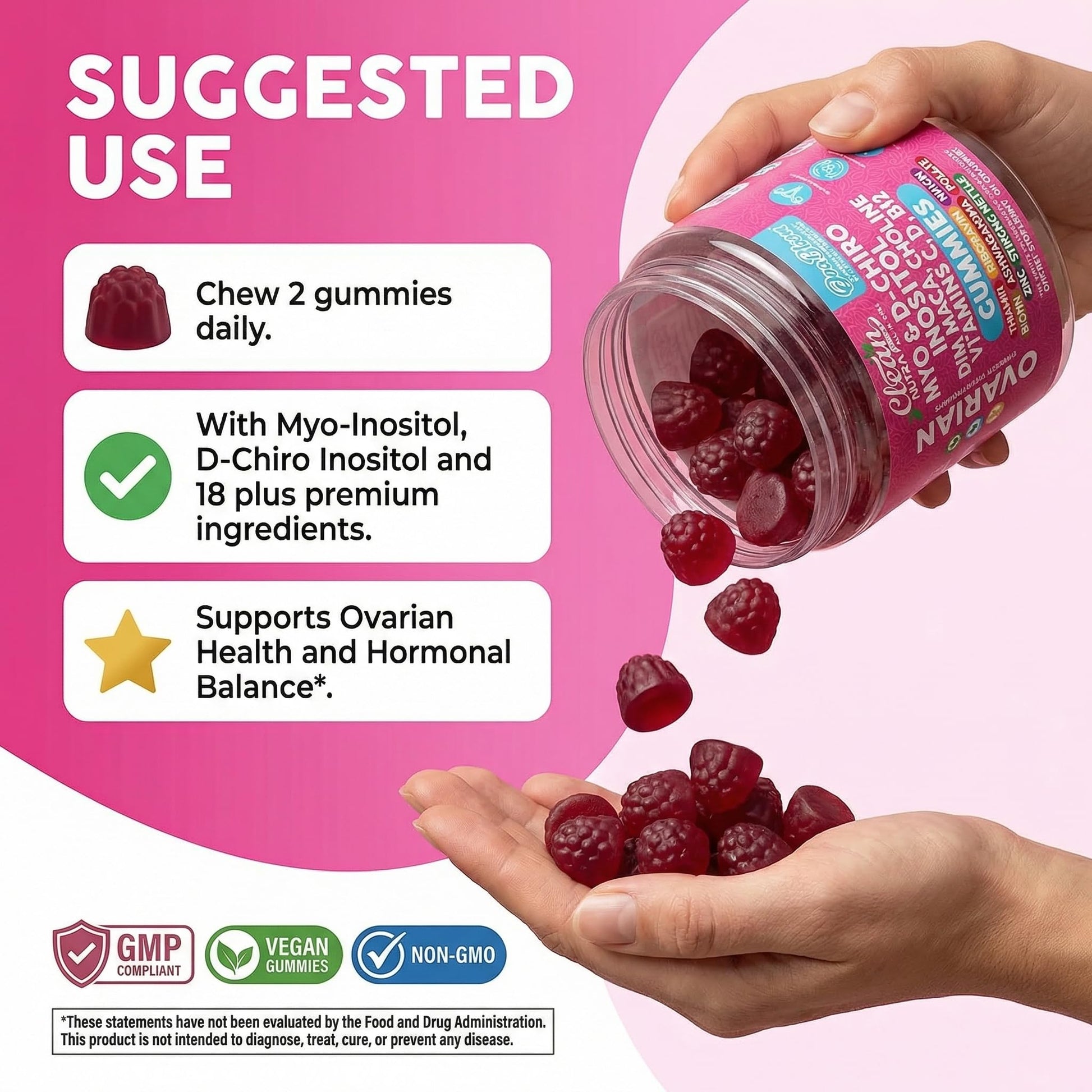 OVA Bloom Ovarian Support Gummies Myo Inositol D-Chiro Inositol Choline Flax Biotin Riboflavin Thiamin Niacin Ashwagandha DIM Maca Root Vitamin C D3 B12 Zinc 60 Count By Clean Nutra - dailyvitalstore