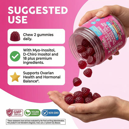 OVA Bloom Ovarian Support Gummies Myo Inositol D-Chiro Inositol Choline Flax Biotin Riboflavin Thiamin Niacin Ashwagandha DIM Maca Root Vitamin C D3 B12 Zinc 60 Count By Clean Nutra - dailyvitalstore