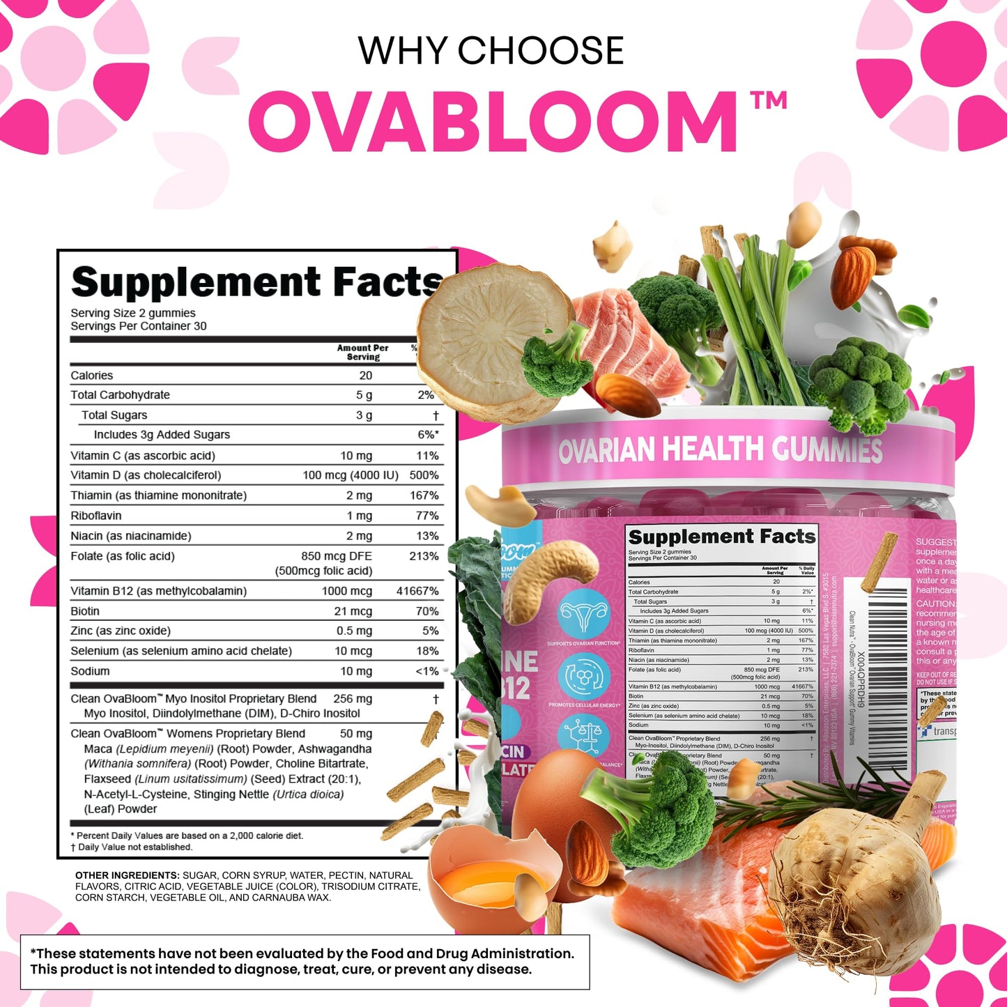 OVA Bloom Ovarian Support Gummies Myo Inositol D-Chiro Inositol Choline Flax Biotin Riboflavin Thiamin Niacin Ashwagandha DIM Maca Root Vitamin C D3 B12 Zinc 60 Count By Clean Nutra - dailyvitalstore