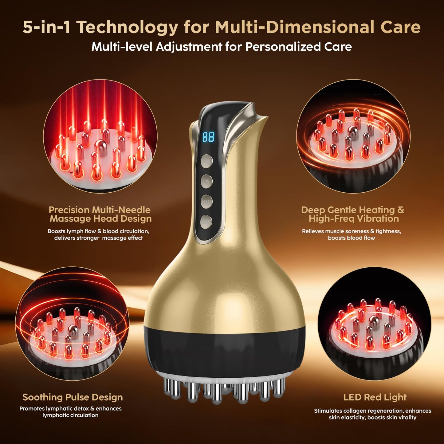 OVGIAP Lymphatic Drainage Massager & Anti-Cellulite Massage Tool, Body Sculpting Device for Legs, Arms & Stomach, Supports Smoother Skin, with Gentle Warming & Vibration - Gold - dailyvitalstore