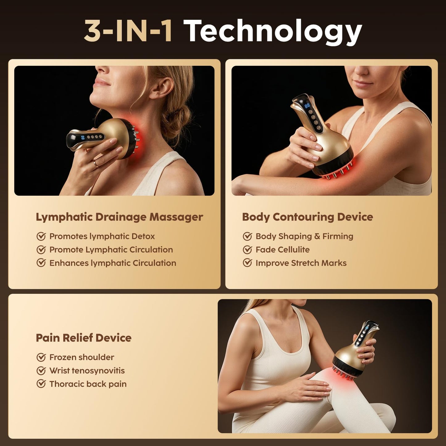 OVGIAP Lymphatic Drainage Massager & Anti-Cellulite Massage Tool, Body Sculpting Device for Legs, Arms & Stomach, Supports Smoother Skin, with Gentle Warming & Vibration - Gold - dailyvitalstore