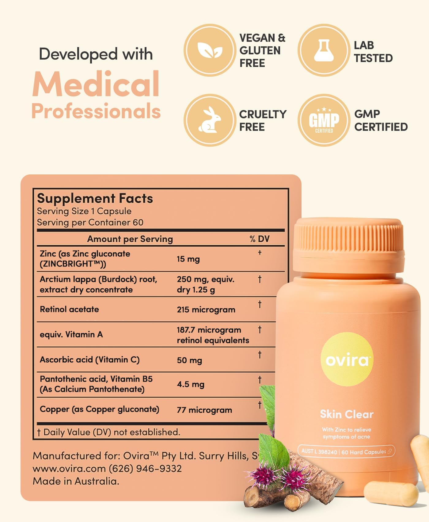 Ovira Skin Clear with ZINCBRIGHT - 60 Capsules for Clear and Glowing Skin | Rosacea & Hormonal Acne Treatment | Support Collagen Production | Acne Supplements for Women & Men - Pack of 2 - dailyvitalstore