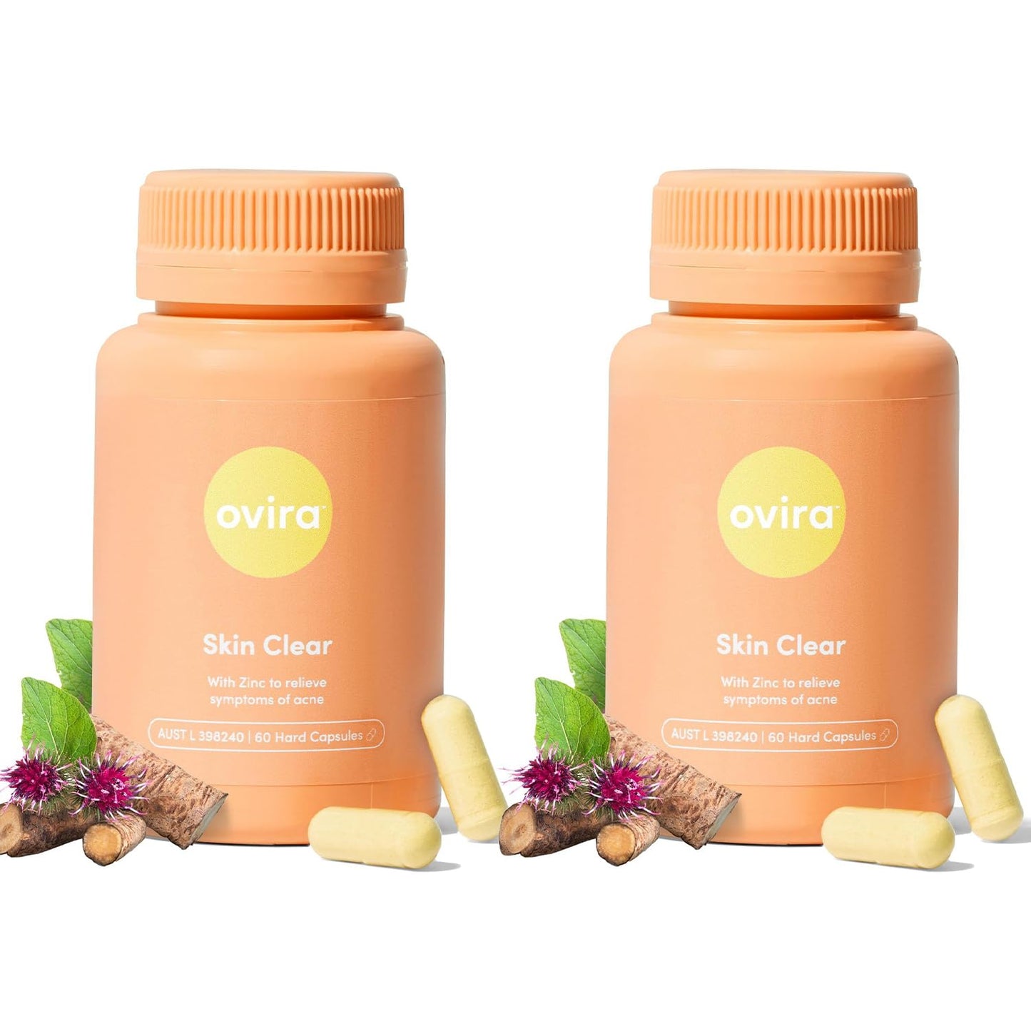 Ovira Skin Clear with ZINCBRIGHT - 60 Capsules for Clear and Glowing Skin | Rosacea & Hormonal Acne Treatment | Support Collagen Production | Acne Supplements for Women & Men - Pack of 2 - dailyvitalstore