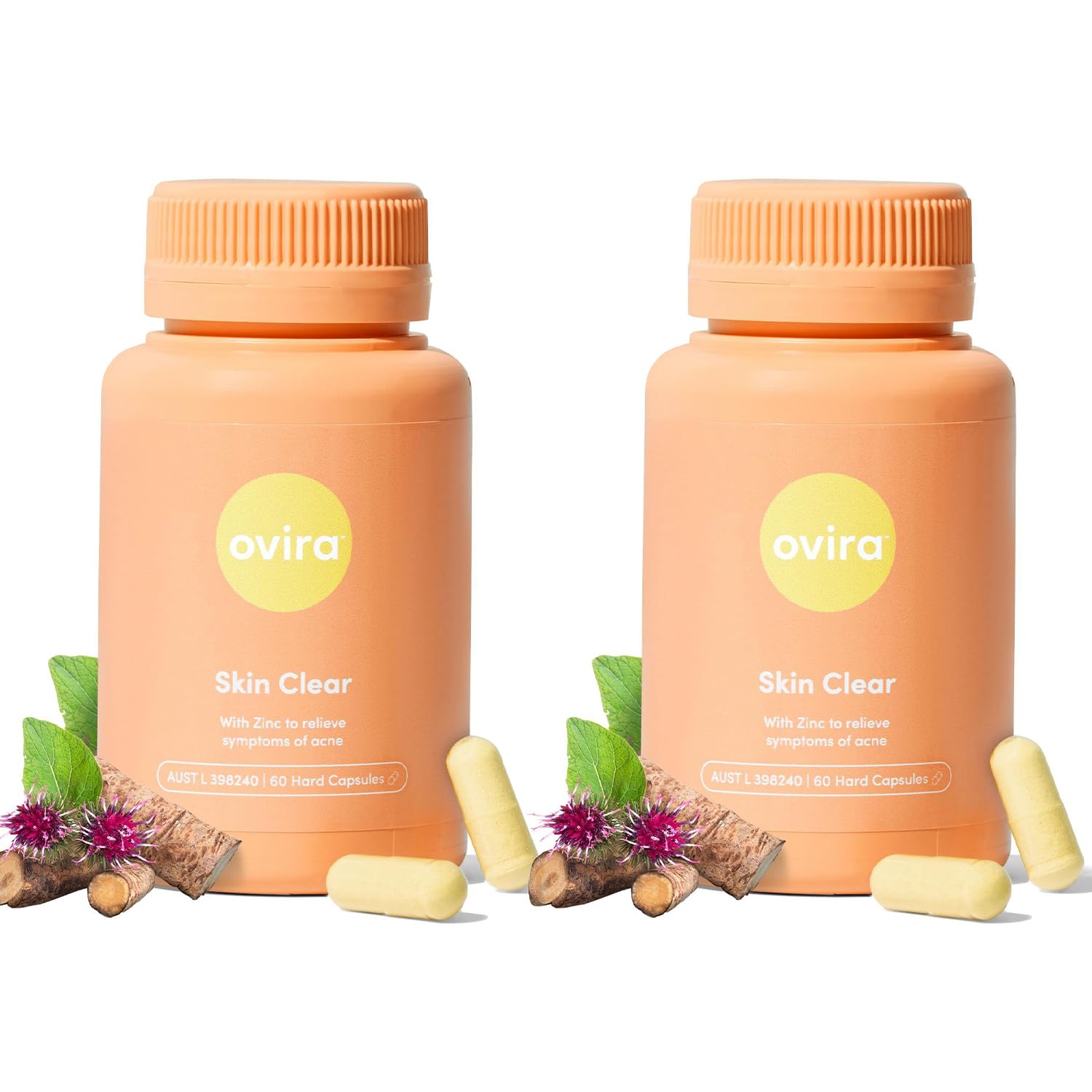 Ovira Skin Clear with ZINCBRIGHT - 60 Capsules for Clear and Glowing Skin | Rosacea & Hormonal Acne Treatment | Support Collagen Production | Acne Supplements for Women & Men - Pack of 2 - dailyvitalstore
