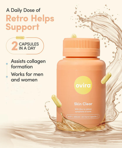 Ovira Skin Clear with ZINCBRIGHT - 60 Capsules for Clear and Glowing Skin | Rosacea & Hormonal Acne Treatment | Support Collagen Production | Acne Supplements for Women & Men - Pack of 2 - dailyvitalstore