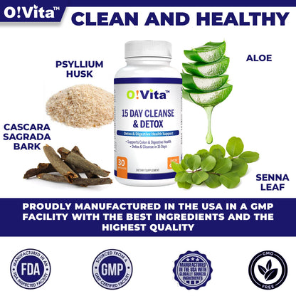 O!VITA 15-Day Cleanse and Detox Supports Digestive and Colon Health, Special Formula with probiotics, fine Herbs Such as Senna Leaf, - dailyvitalstore
