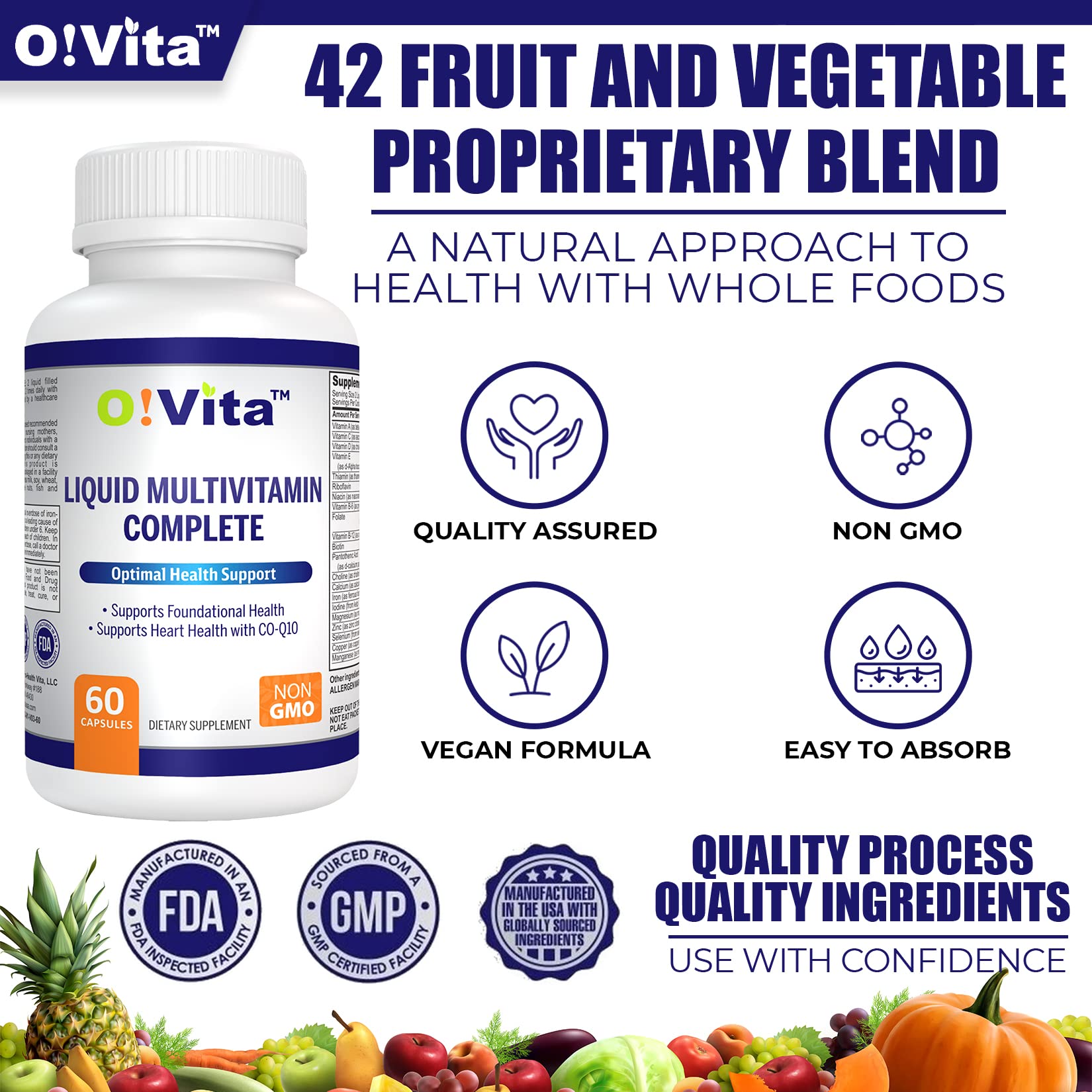O!VITA Liquid Multivitamin Complete, with a Full Spectrum of Vitamins and Minerals, Plus 42 Fruits and Vegetable Proprietary Blend, Easy Absorption (60 Vegan Liquid Filled Capsules) - dailyvitalstore