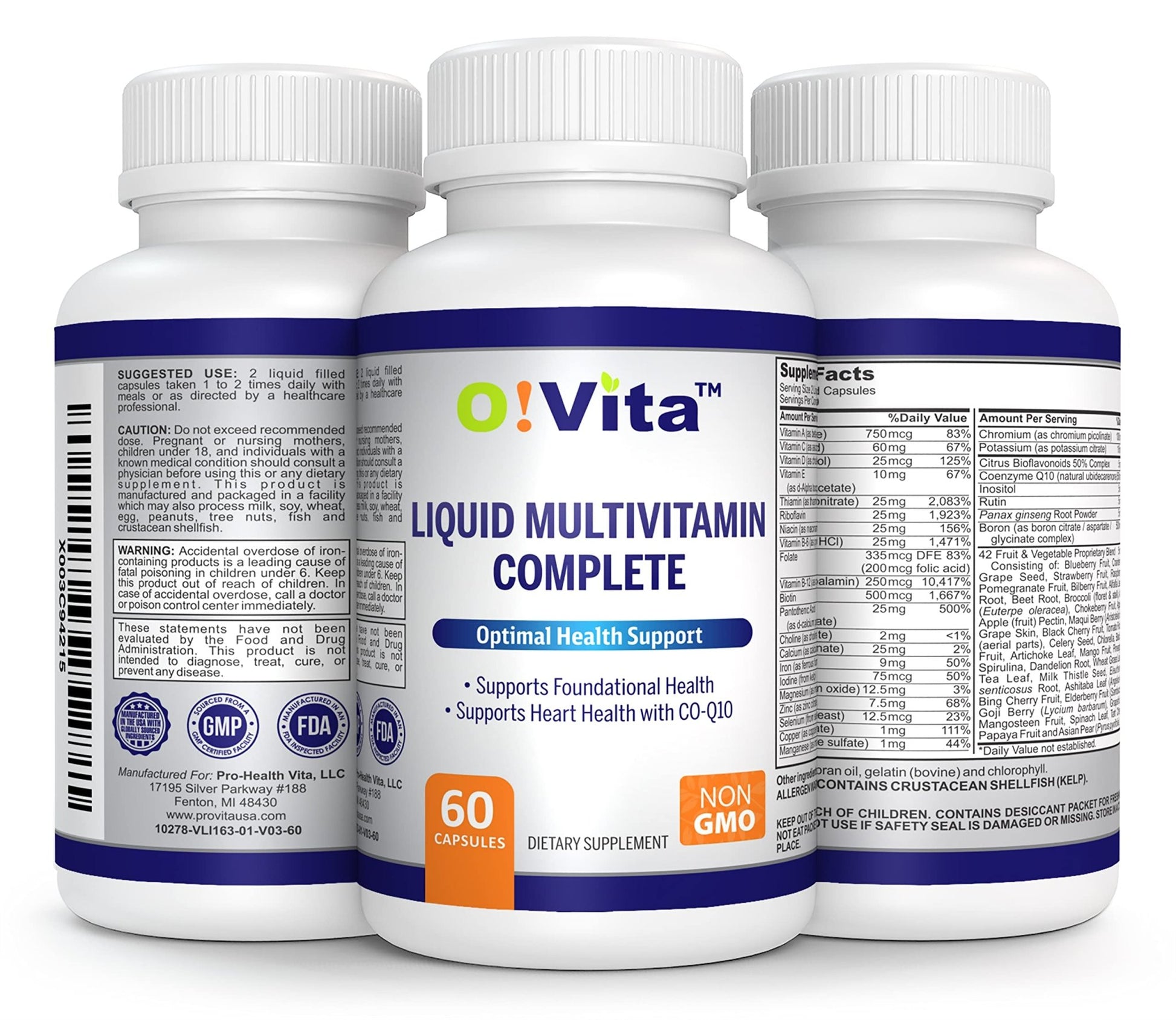 O!VITA Liquid Multivitamin Complete, with a Full Spectrum of Vitamins and Minerals, Plus 42 Fruits and Vegetable Proprietary Blend, Easy Absorption (60 Vegan Liquid Filled Capsules) - dailyvitalstore