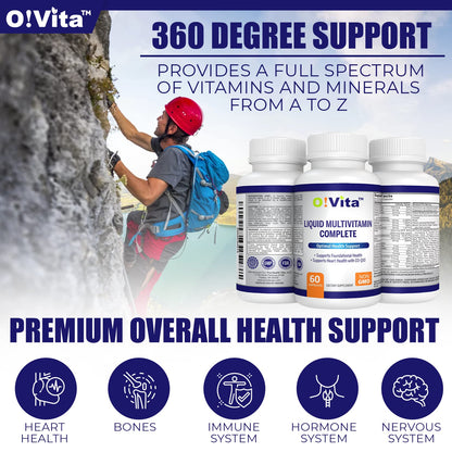 O!VITA Liquid Multivitamin Complete, with a Full Spectrum of Vitamins and Minerals, Plus 42 Fruits and Vegetable Proprietary Blend, Easy Absorption (60 Vegan Liquid Filled Capsules) - dailyvitalstore