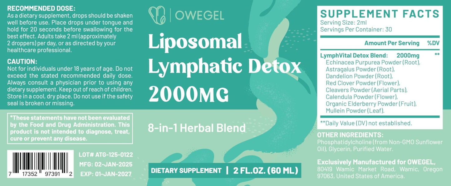 owegel Liposomal Lymphatic Drainage Drops 2000mg – Immune & Lymph System Support – Lymphatic Detox and Cleanse with Echinacea, Red Clover, Dandelion & Cleavers – Sugar-Free, Alcohol-Free – 2 FL OZ - dailyvitalstore